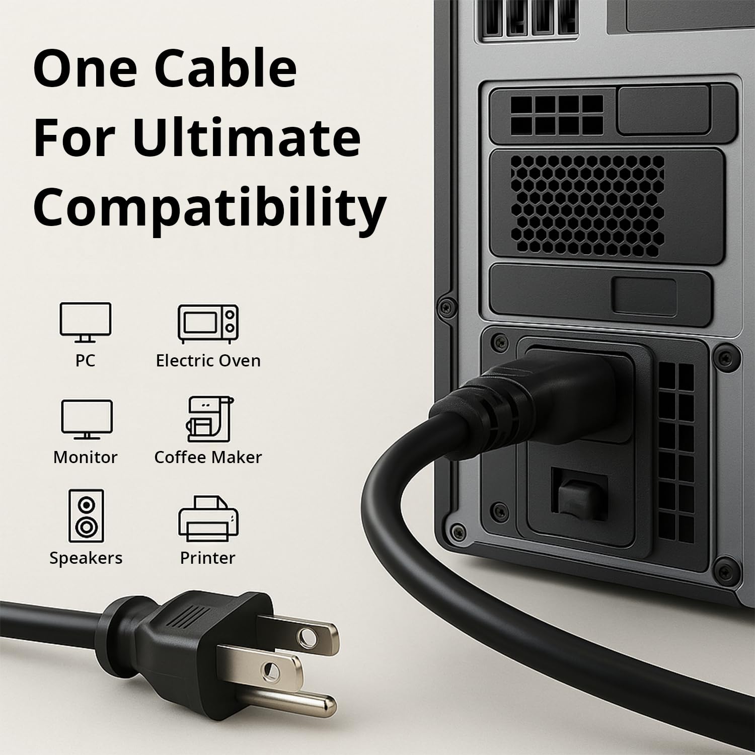 Kado Cable de alimentación de CA de 3 clavijas de 1,5 m, paquete de 2 unidades, 5 pies, 125 voltios, 10 amperios, cable de alimentación para electrónica, Dekstop PC, TV, computadora, impresora, radio