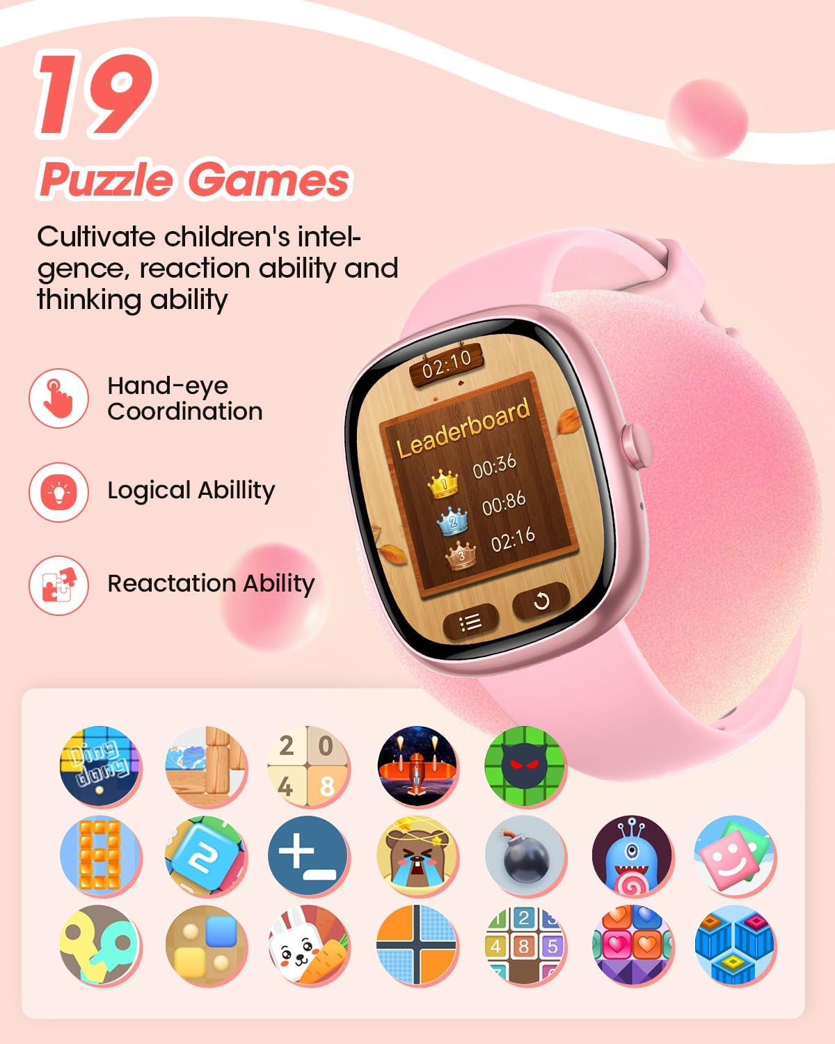 Reloj Inteligente Niño, 100+ Modos Deportivos Podómetro Monitor de Sueño Alarma Calculadora IP68 Impermeable, Android iOS, Regalo para Niños Niñas de 5 a 16 Años, Rosa 8