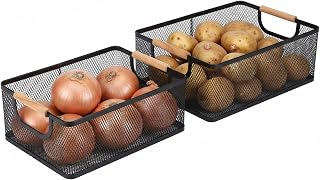 Potato and Onion Storage Baskets with Wood Handles, 2-Set Metal Mesh Bin for Kitchen, Pantry, Countertop, Ventilated Organizer for Vegetables Fruits, Black