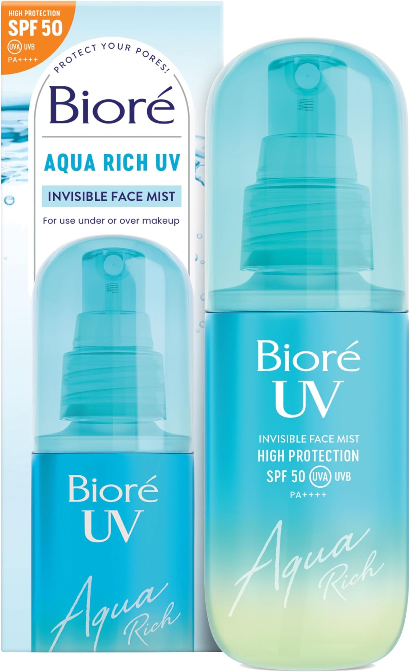 – Biore SPF 50, Aqua Rich UV Invisible Face Mist, On-The-Go High Protection, Use Under And Over Makeup, No White Cast, No Grease, Japanese Sunscreen, 60ml