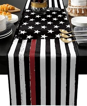 Thin Red Line Black Table Runner - Cotton Linen 108 Inches Long, American Firefighter USA Flag Dress Scarves, Rustic Table Runner for Dining/Coffee/Holiday Table, Fireman Gift Home Decor