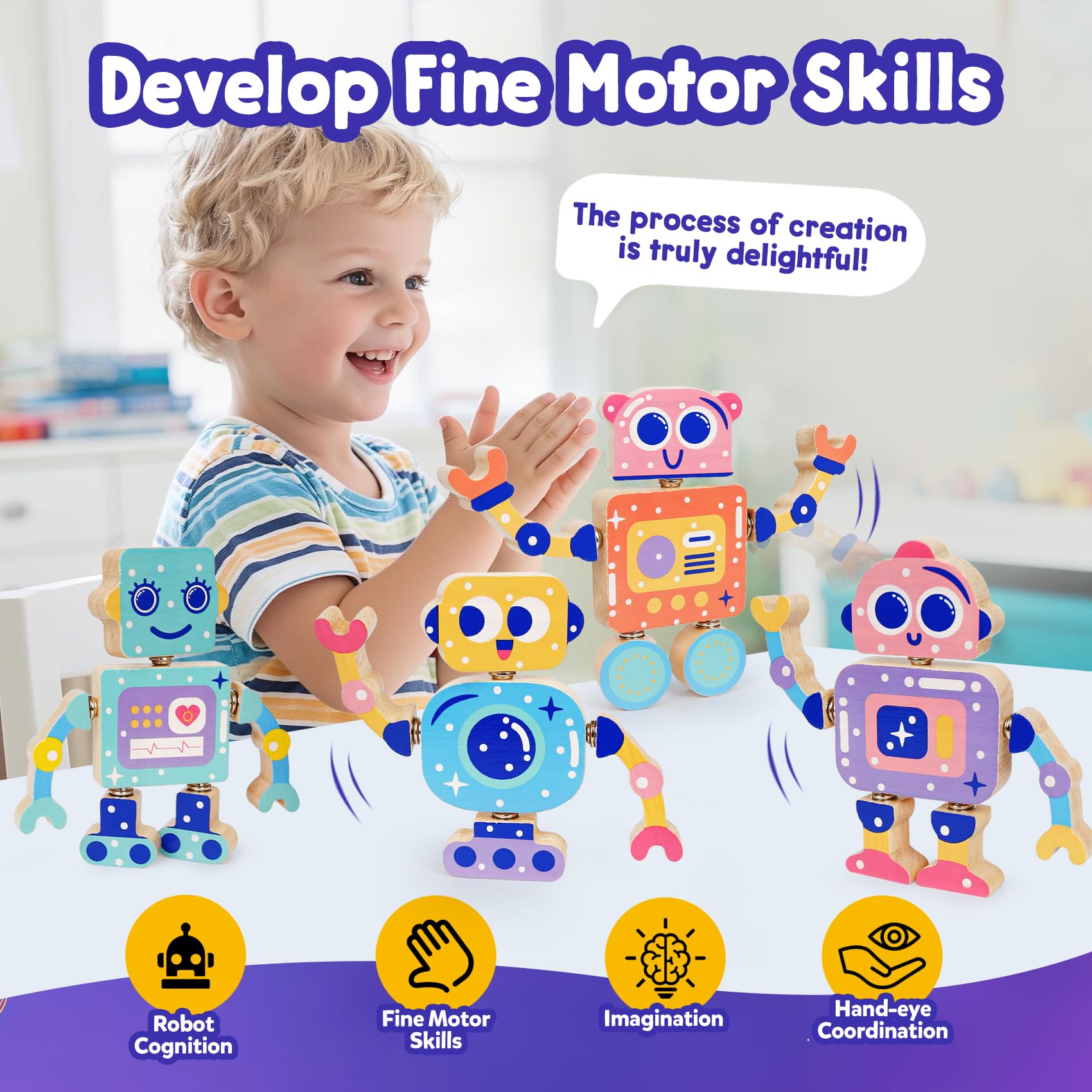 Juguetes robot para niños de 3 a 5 años, juguete de aprendizaje de madera Montessori con características desmontables robots, juego educativo STEM juegos de motricidad fina para niños y niñas 6
