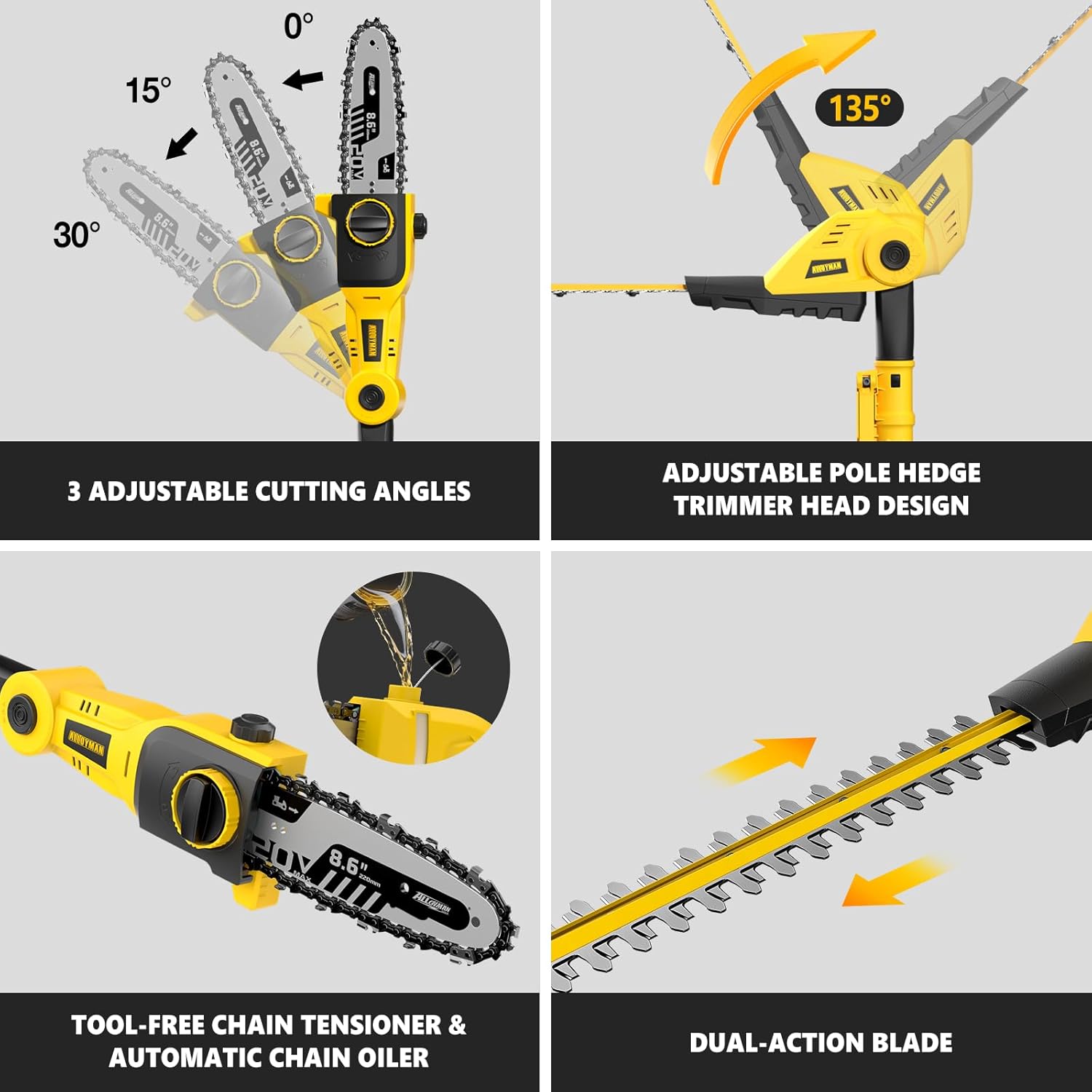 Alloyman 2-in-1 Telescopic Cordless Pole Hedge Trimmer 16-Inch and Pole Saw 8.6-Inch,with 2 Packs 4.0Ah Batteries & Charger,for Tree Trimming and Shrubs Pruning