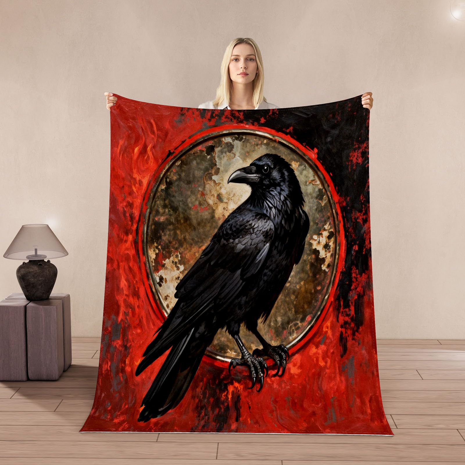 Couverture corbeau 3D 200x200cm en microfibre douce et plaid rétro