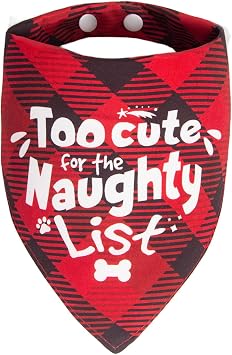 Christmas Dog Bandanas Naughty & Nice Idea Funny Holiday Stocking Pet Scarf Gifts - Too Cute for the Naughty List, Red Plaid, Medium & Large Breed, 25-75lbs