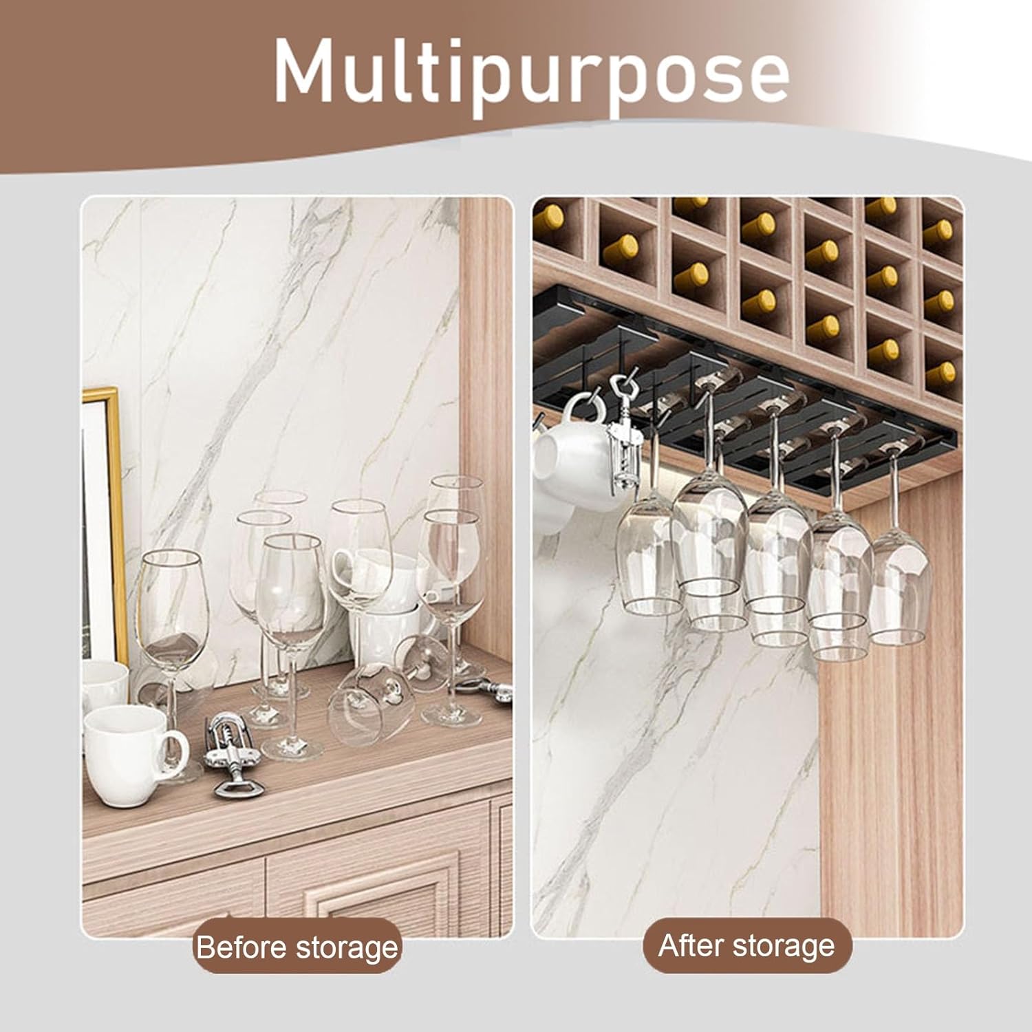 Under Cabinet Wine Glasss Holder Stemware Rack Wall Mounted Storage Hanger Stainless Steel 2-6 Rows Can Hanging 4-12 Glasses(62x23cm/24.4x9in)