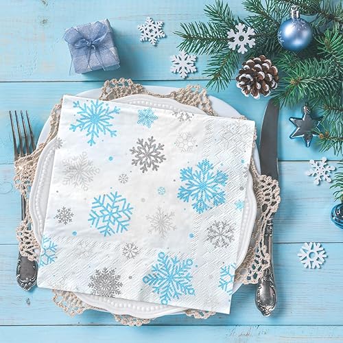 Miniatura 4 de Servilletas de invierno con copos de nieve para decoración de fiesta, diseño de copo de nieve de invierno, azul y blanco del país de las maravillas,