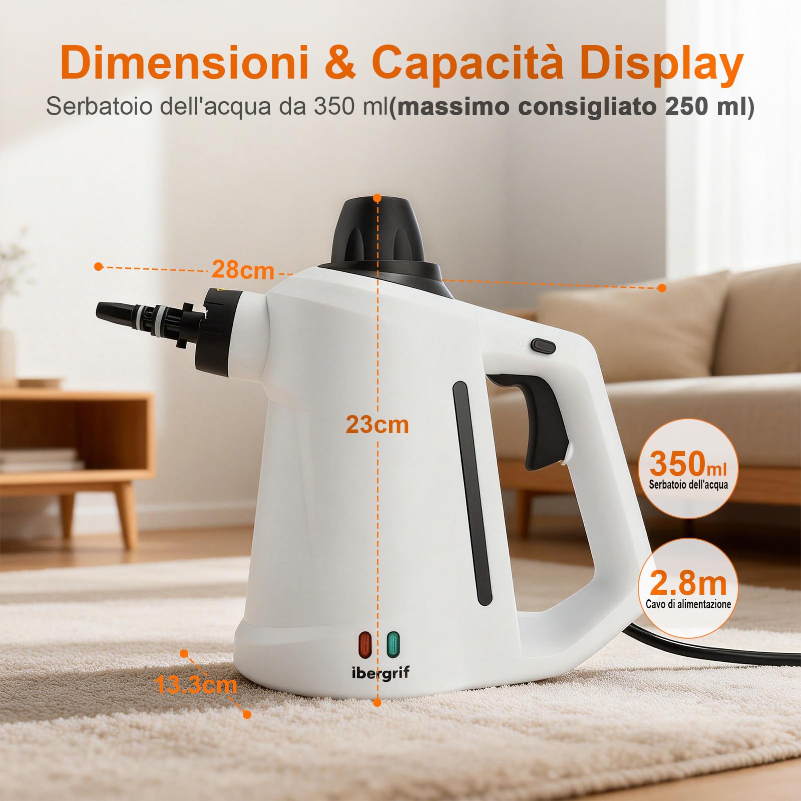 Ibergrif Pulitore a Vapore Portatile, Pistola a Vapore 1050W con 12 Accessori, 3 Bar Alta Pressione, Soluzione Naturale Senza Additivi, per Divani, Cucina, Fughe e Vetri, 350ml, Bianco