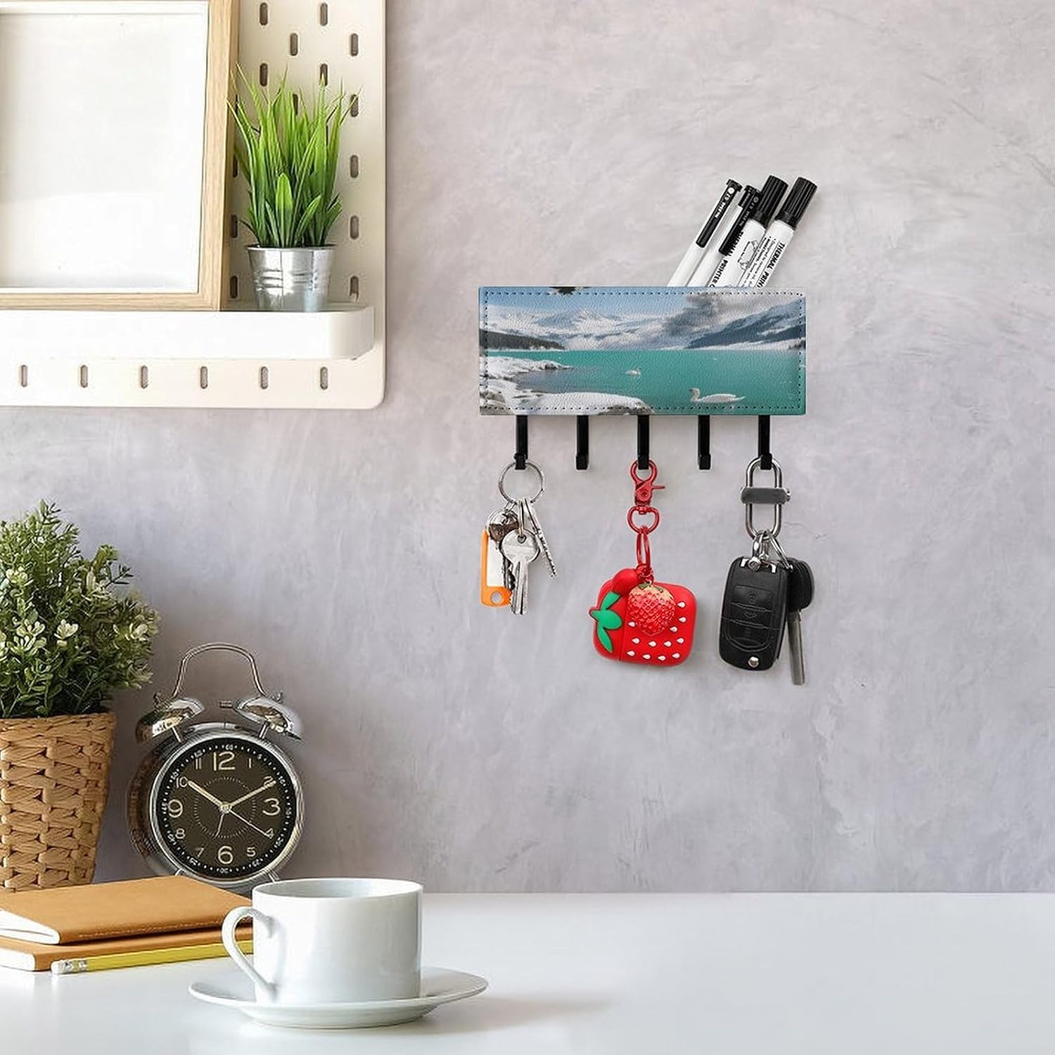 Key Holder Wall Mount Key Hanger with 5 Hooks, Decorative Key Rack | Alpine Lake View Hanging Key Hooks with Mail Organizer for Wall Living Room Kitchen Bathroom Hallway