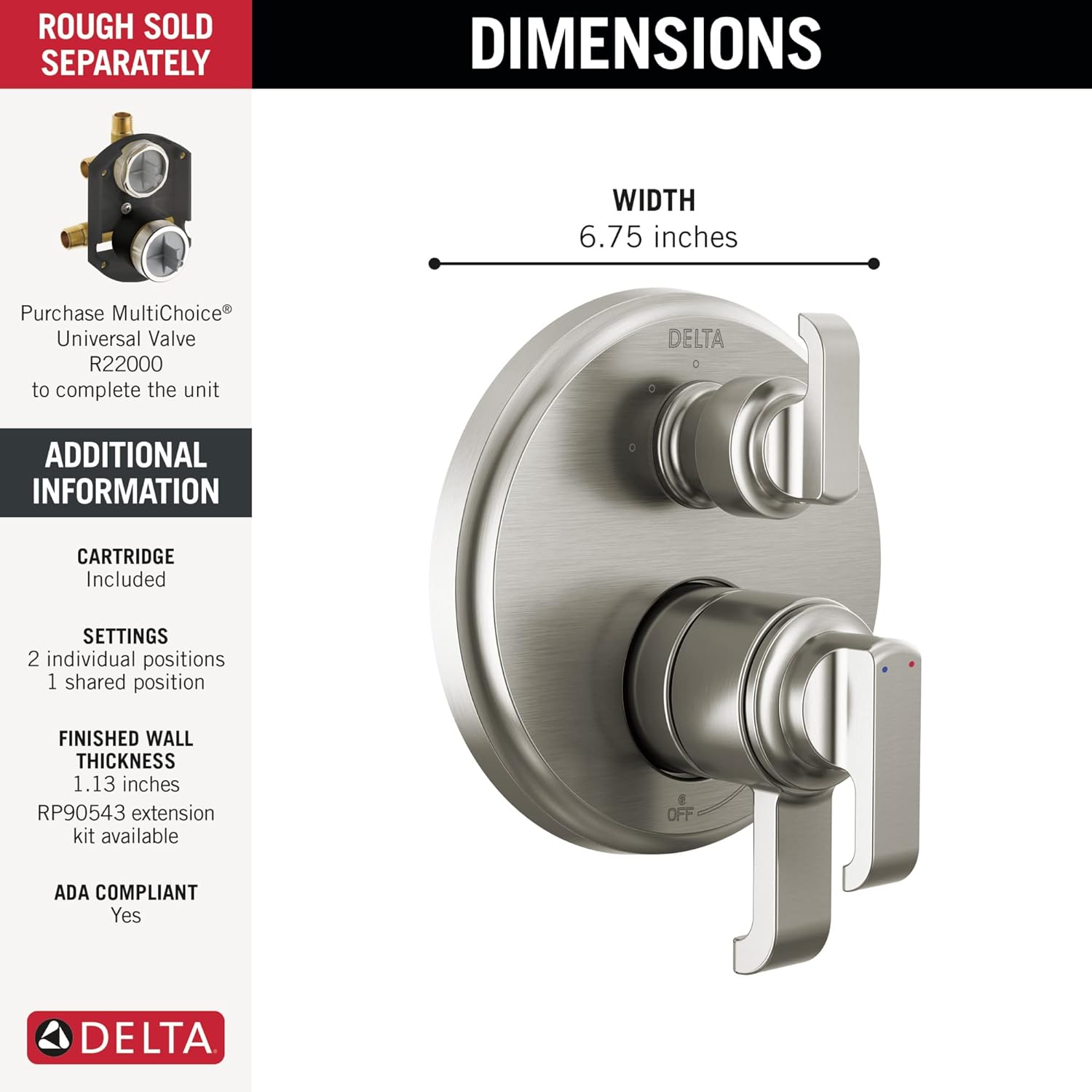 Delta Faucet Tetra 17 Series Brushed Nickel 3-Setting Integrated Diverter Valve Trim Kit, Brushed Nickel Diverter Valve Trim Kit, Shower Trim Kit, Lumicoat Stainless T27889-SS-PR (Valve Not Included)