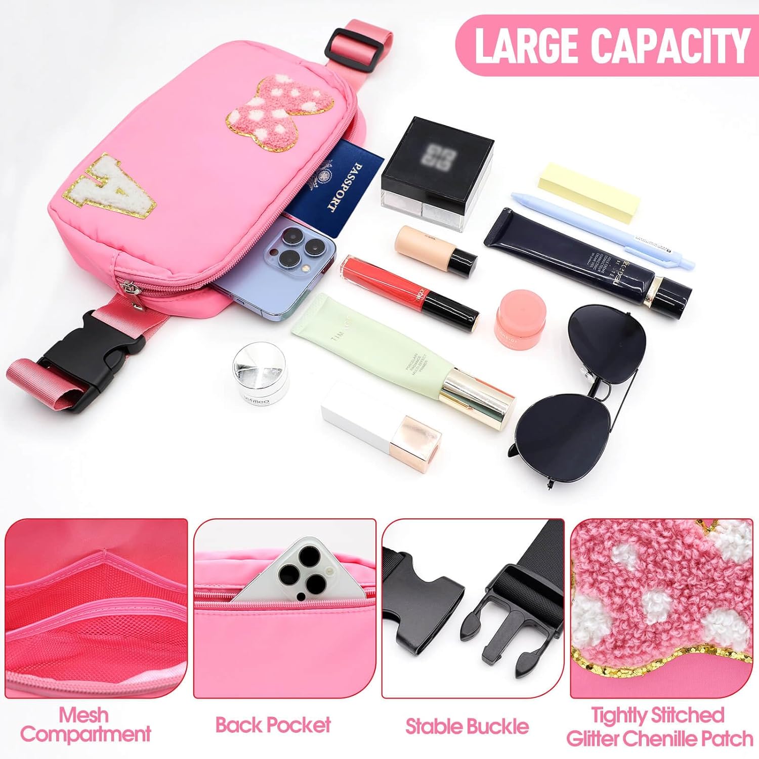 Chenille Initial Letter Bow Mouse Fanny Pack, Waterproof Park Crossbody Bag Christmas Birthday Gifts for Teen Girls Daughter Women Kids Adults, Cute Belt Bag Must Haves for Park Travel (A, Pink) - Image 4