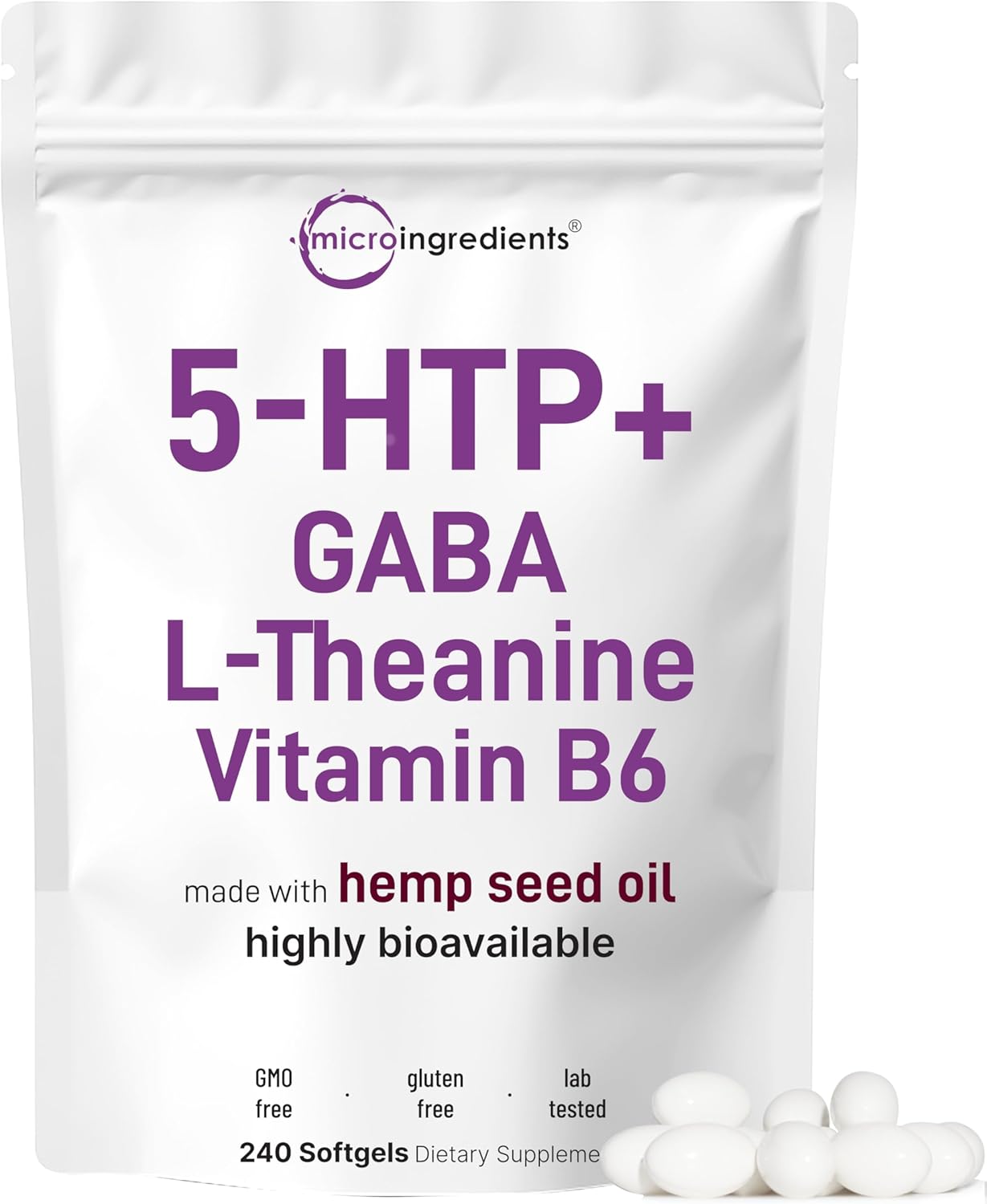 Micro Ingredients 5-HTP 200mg, 240 Softgels | Extra Strength 5-Hydroxytryptophan Complex with GABA, L-Theanine, Vitamin B6 | Highly Bioavailable with Hemp Seed Oil Carrier | Non-GMO