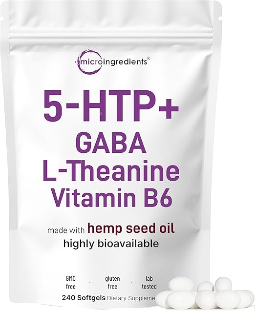 Micro Ingredients 5-HTP+ with GABA, L-Theanine, & Vitamin B6, 240 Softgels | Highly Bioavailable with Hemp Seed Oil Carrier | Extra Strength 5-Hydroxytryptophan Complex | Non-GMO, Gluten Free, No Soy