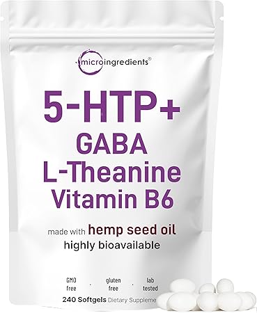 Micro Ingredients 5-HTP+ with GABA, L-Theanine, & Vitamin B6, 240 Softgels | Highly Bioavailable with Hemp Seed Oil Carrier | Extra Strength 5-Hydroxytryptophan Complex | Non-GMO, Gluten Free, No Soy