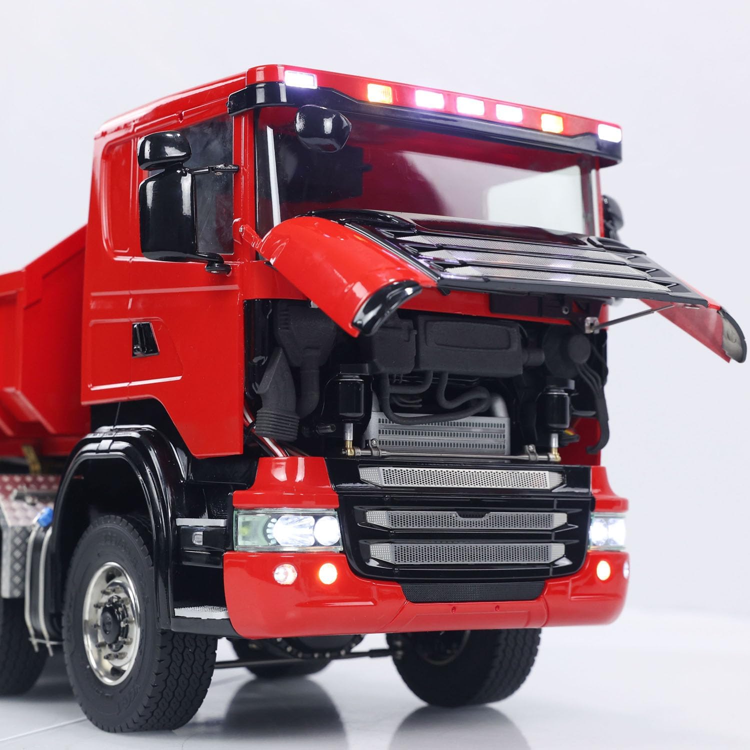 1/14 RC Hydraulic Full Dump Truck 8X8 Roll-Off Dumper Trucks 3-Speed Transmission Standard Bucket Sound Light I6S Radio Controller Differential Lock Axles(Red)