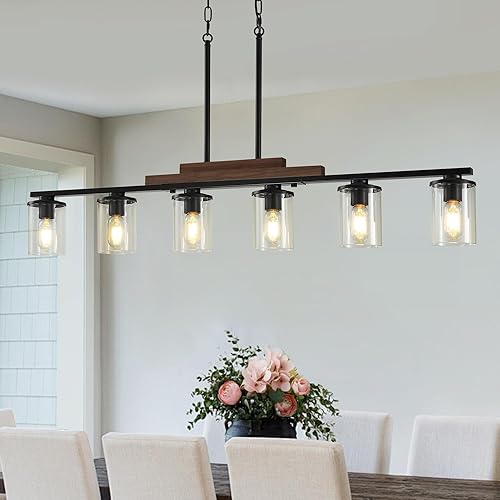 Miniatura 8 de Luces colgantes para isla de cocina, candelabros de granja de 4 luces para comedor, candelabro lineal negro con pantallas de vidrio transparente,