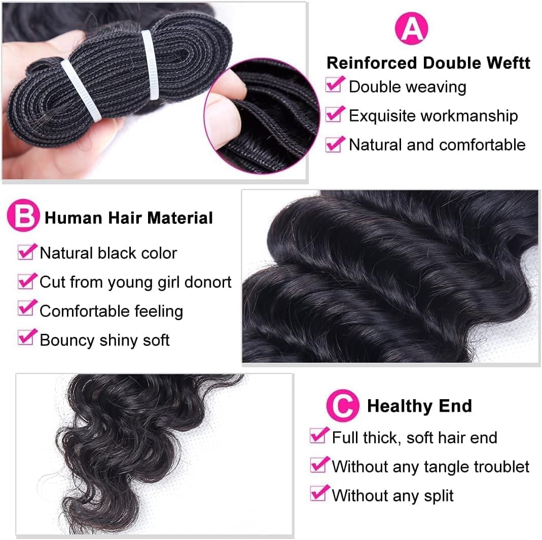 Sexycat Deep Curly Bundles with 13x4 HD Lace Frontal Human Hair 14 16 18+12 Inch 100% Unprocessed Brazilian Virgin Hair Extensions Water Wave Weave Bundles with Lace Frontal - Image 3
