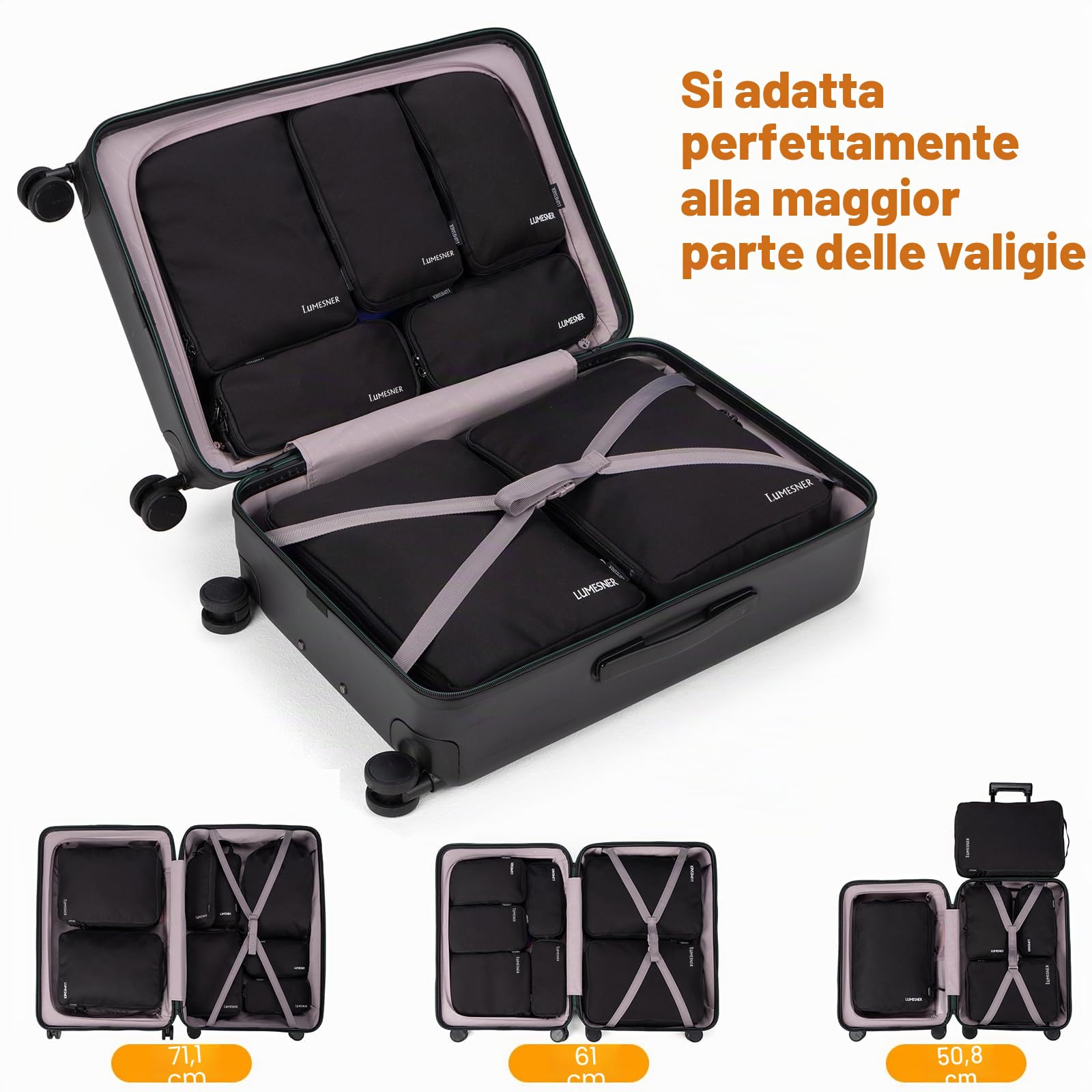 Lumesner - Set di 8 cubi per imballaggio a compressione, per valigie da trasporto, organizer a compressione e cubi da viaggio (8 pezzi, nero)
