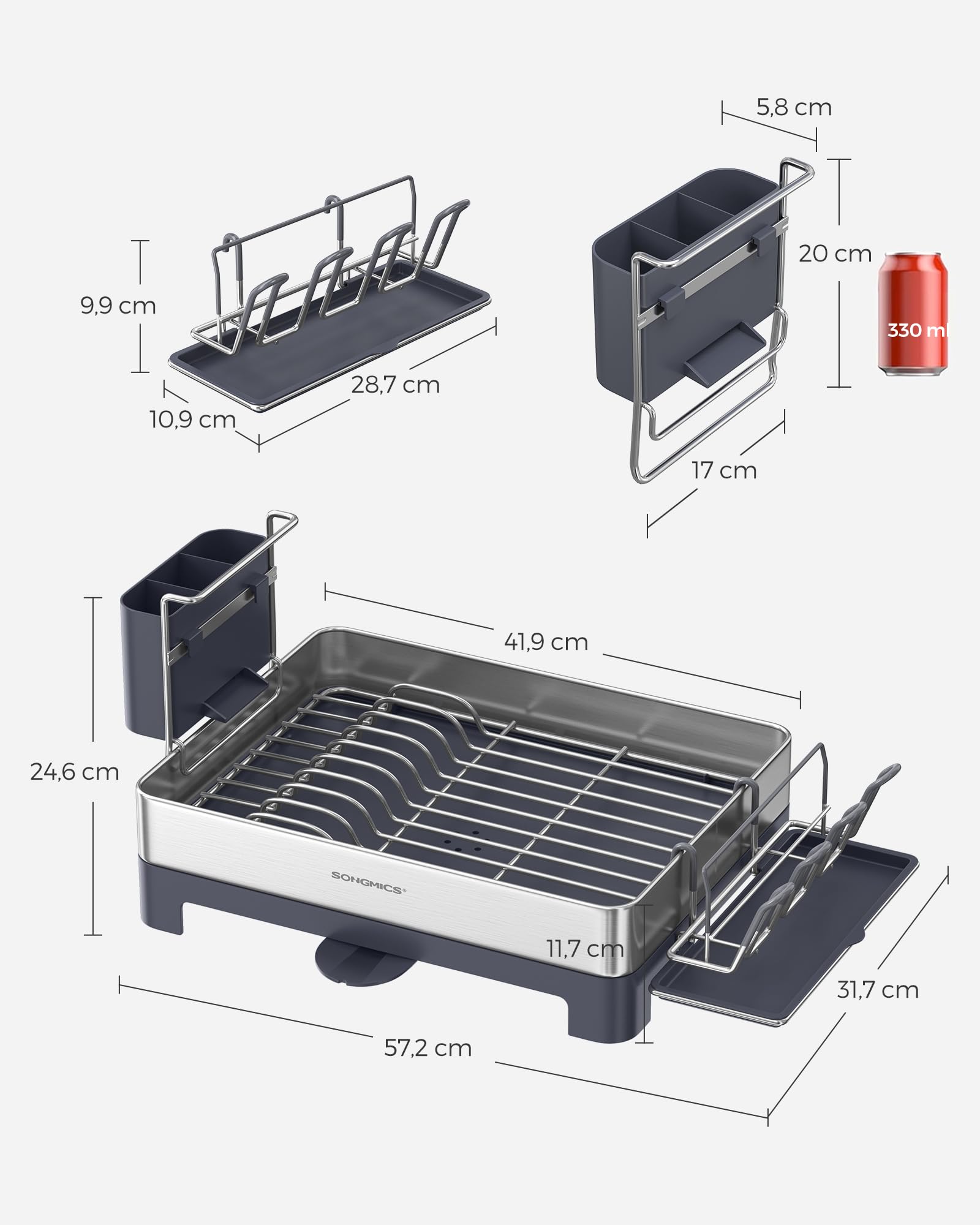 SONGMICS Escurreplatos de acero inoxidable para cocina, 31,7 x 57,2 cm, gris plateado KCS030E01V1