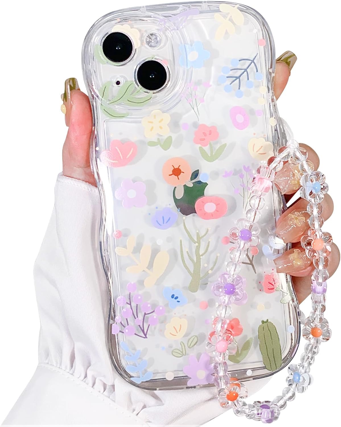 Pretaco for iPhone 14 Case Clear Cute Flower Floral with Wave Border for Girls Women Pattern Shockproof Protective Girly-Colorful Floral