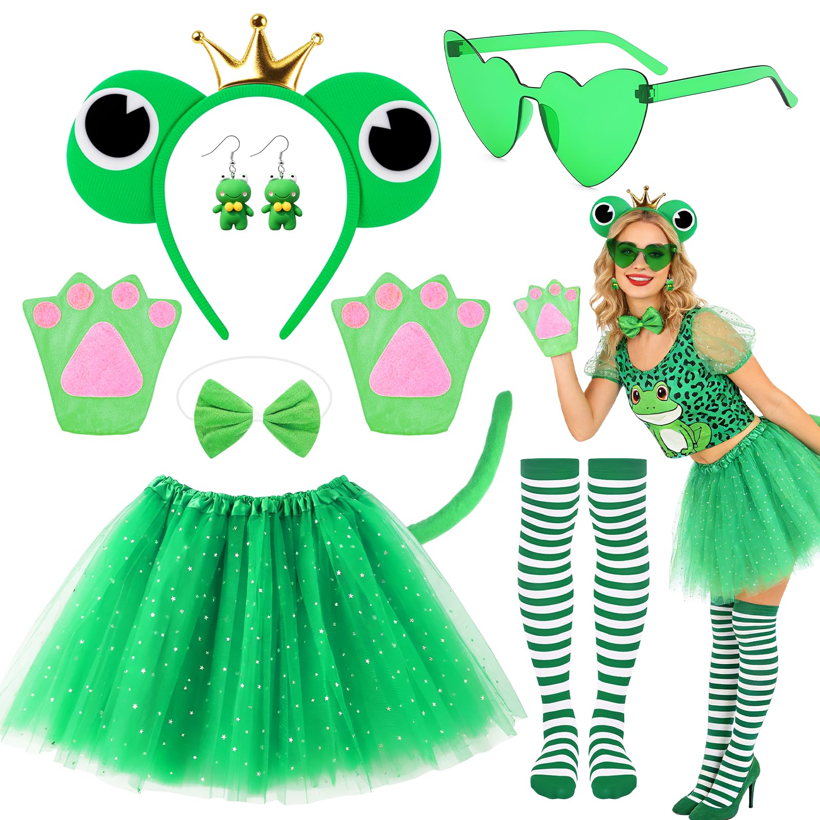 Kyndara 8pcs Frog Costume Set for Women Frog Fancy Dress Kit with Sparkly Tutu Skirt Headband Bow Tie Tail Gloves Glasses Earrings Socks for World Book Day Halloween Themed Parties Cosplay