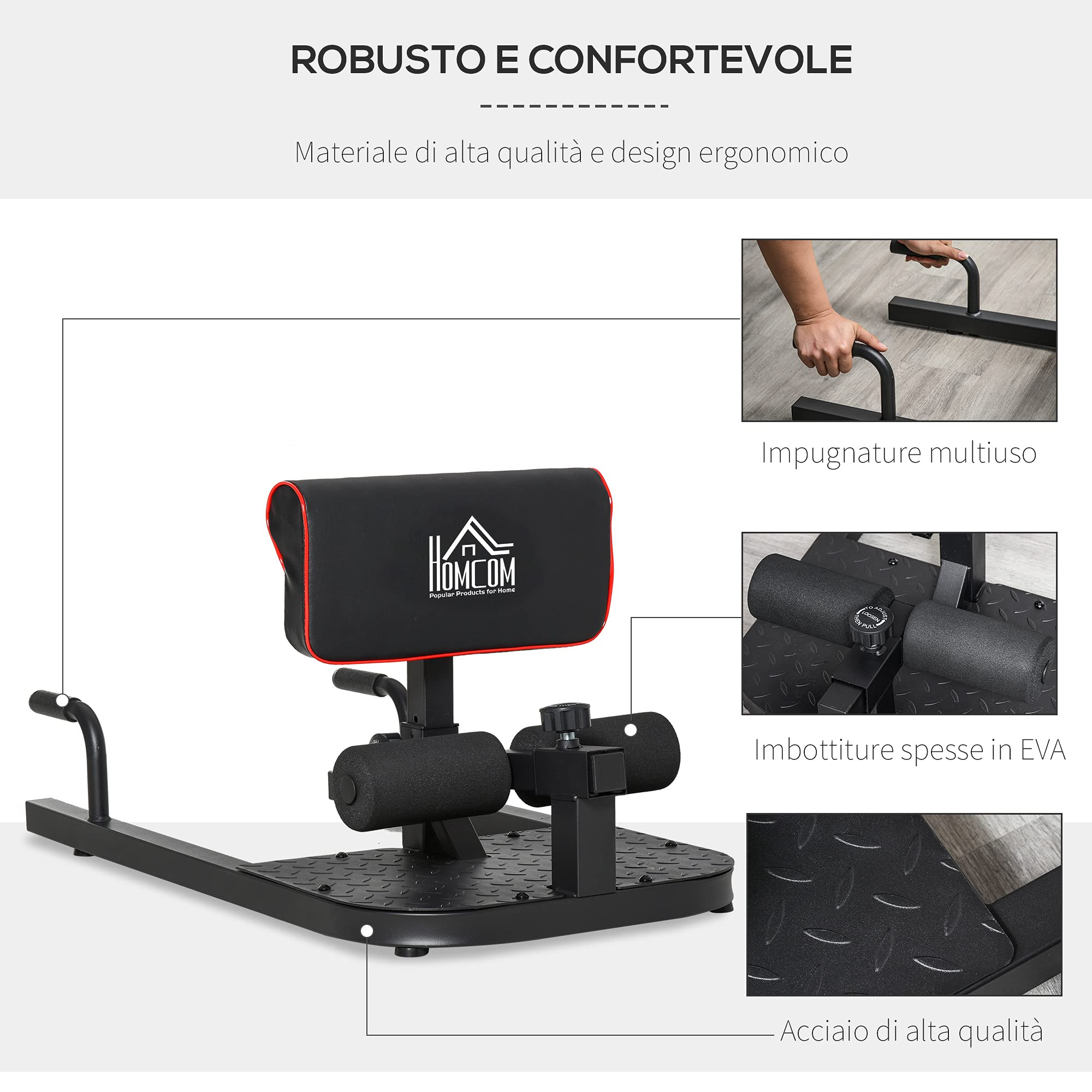 HOMCOM Macchina Squat 3 in 1, Macchina per Deep Sissy Squat Sit Up Push Up Regolabile Acciaio, Multifunzione, per Fitness, Allenamento, Leg Press, Addominali e Flessioni