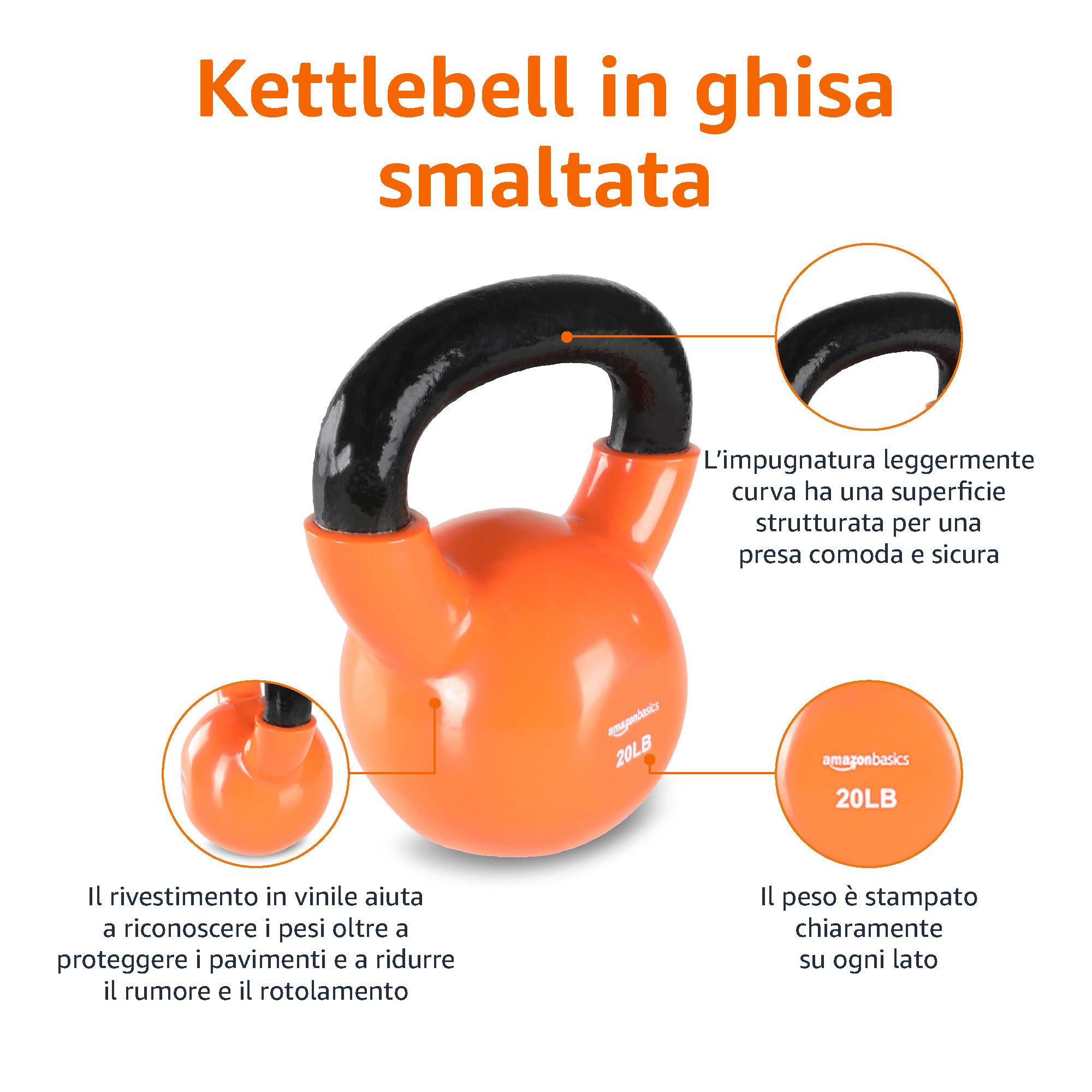 Amazon Basics - Kettlebell in vinile, 20 Libbre (9,1 kg), arancione