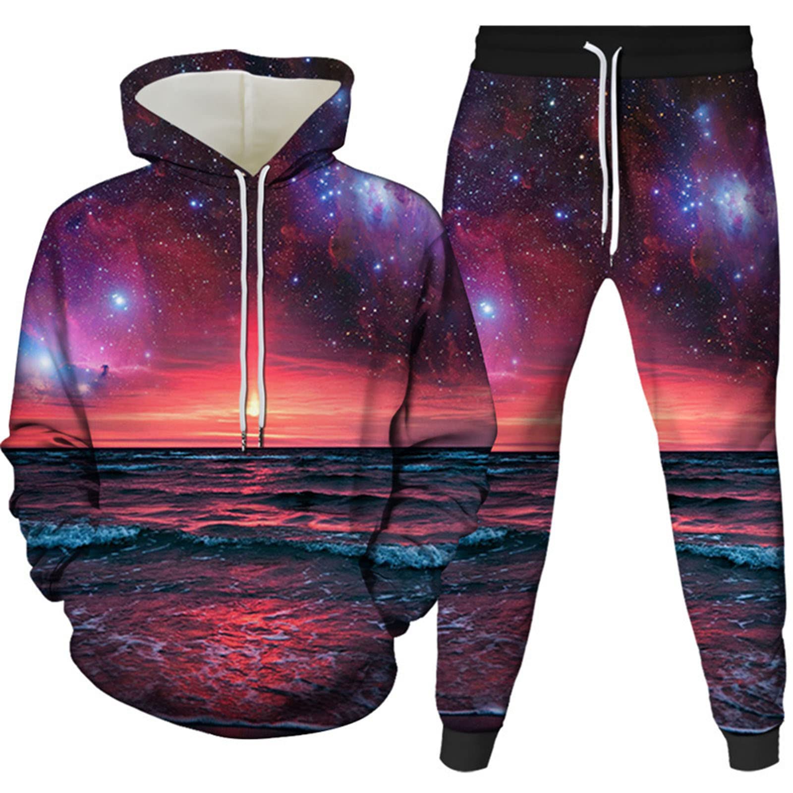 Tuta Uomini Autunno Stampa Digitale 3D Bella Cielo Stellato Felpa Con Cappuccio + Pantaloni 2 Set Di Moda Per Il Tempo Libero, 15, XXL