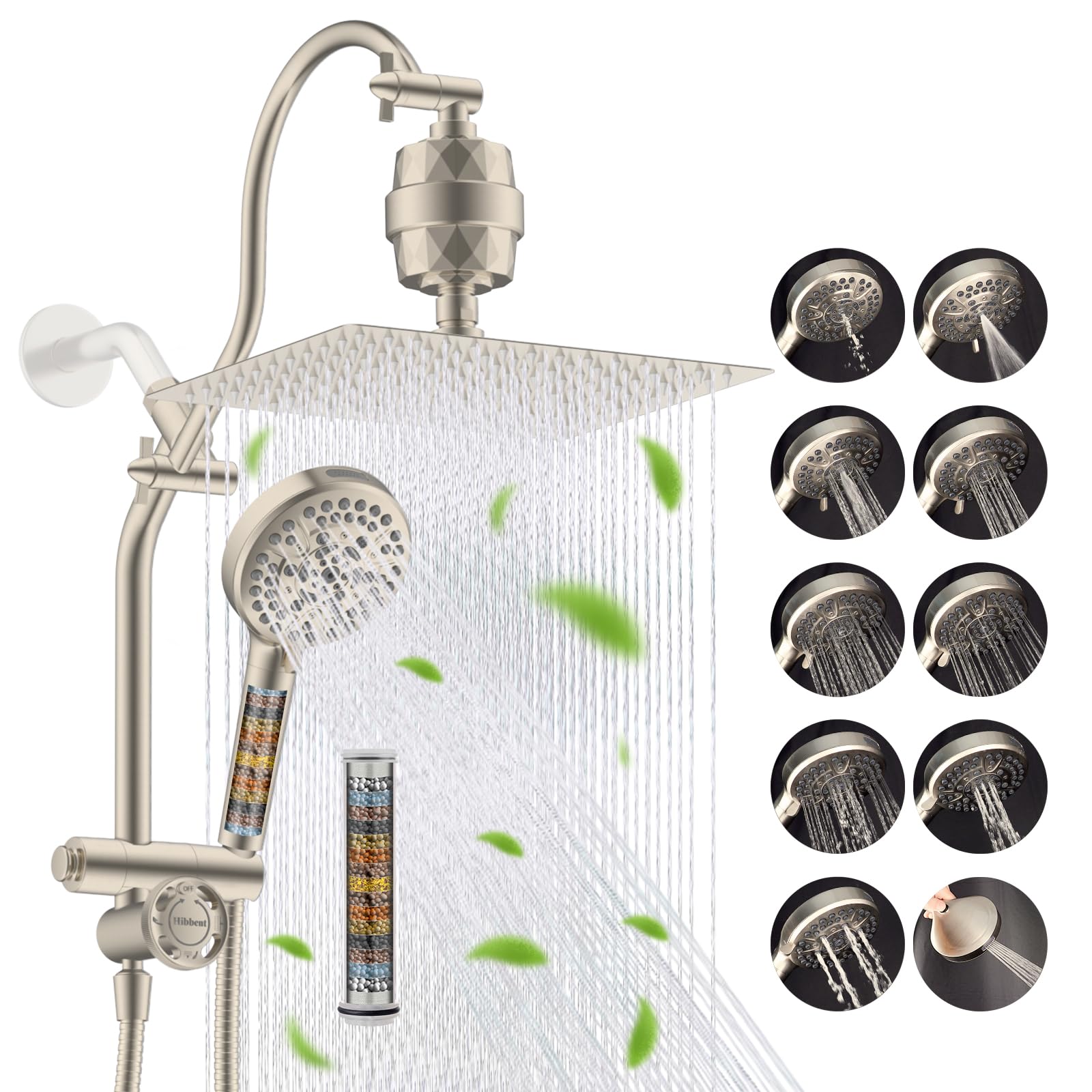 Hibbent 12" Dual Filtered 10" Rainfall Shower Head with Handheld 10-Spray