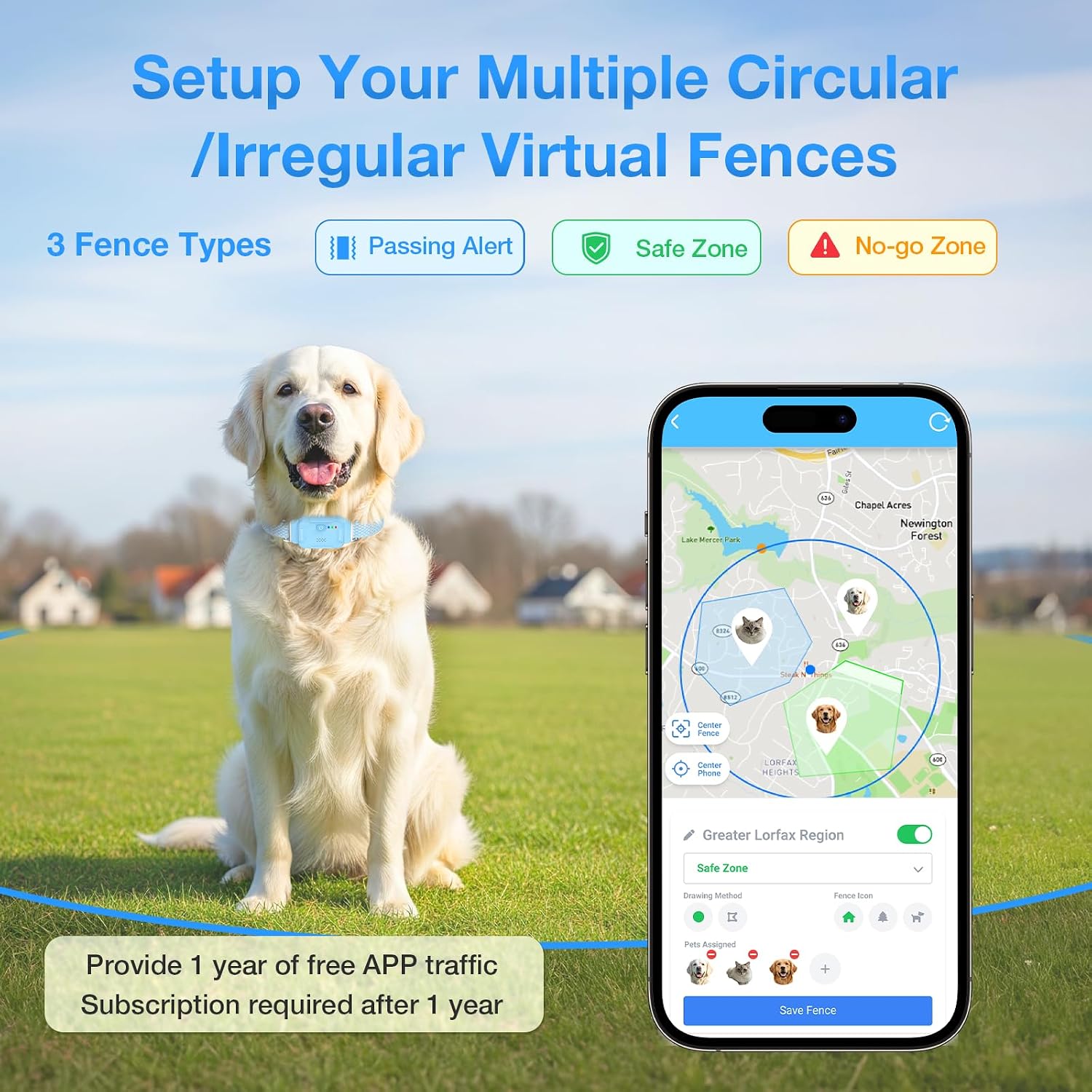AOZOOM Electric Dog Fence, Wireless Virtual Fence Dog Collar, Smart GPS Dog Collar, GPS Pet Tracker with App-Supported, Custom Irregular Geo-Fences, Pet Locator-Blue