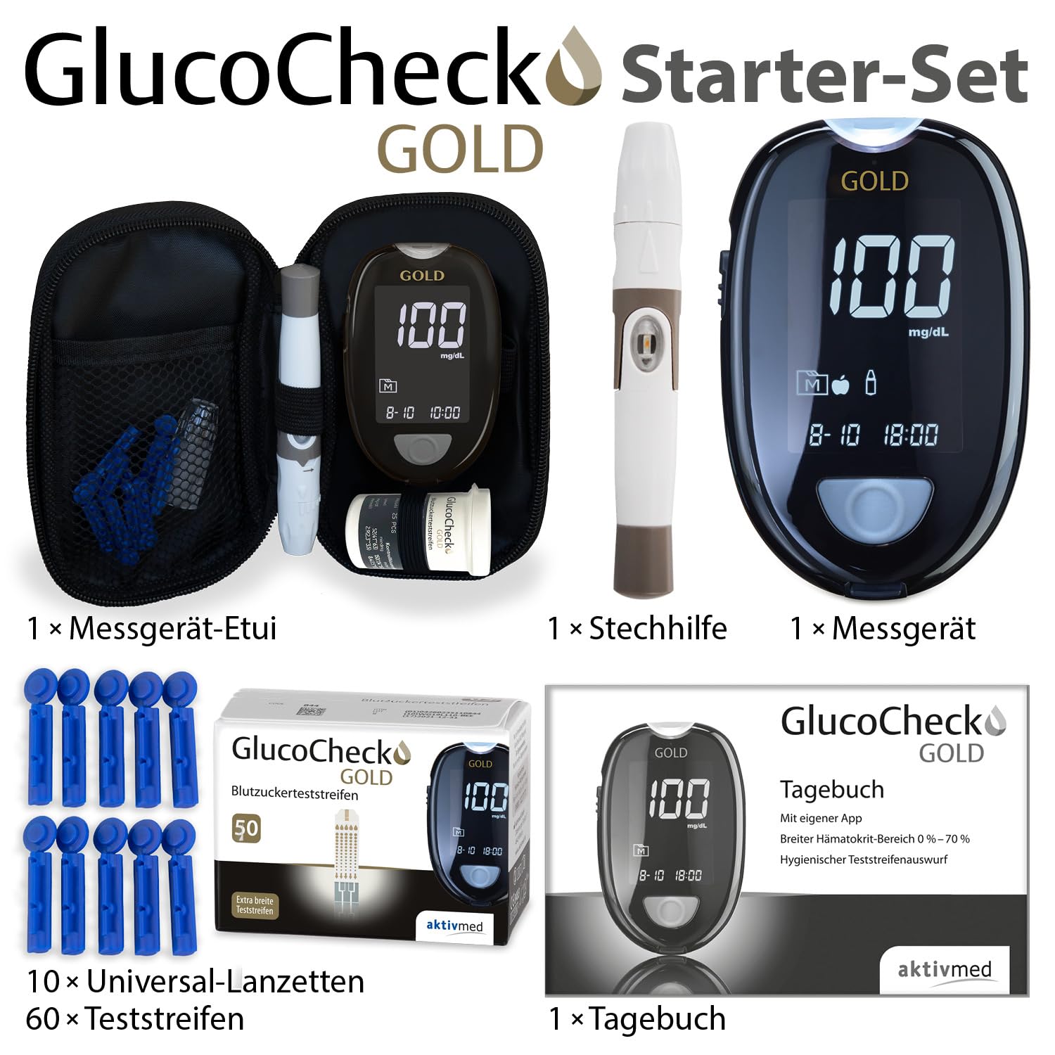 GlucoCheck GOLD Blutzuckermessgerät-Set (mg/dL) mit 60 Blutzuckerteststreifen, 10 Lanzetten, 1 Stechhilfe, 1 Etui, Sparset zur Blutzucker-Selbstkontrolle