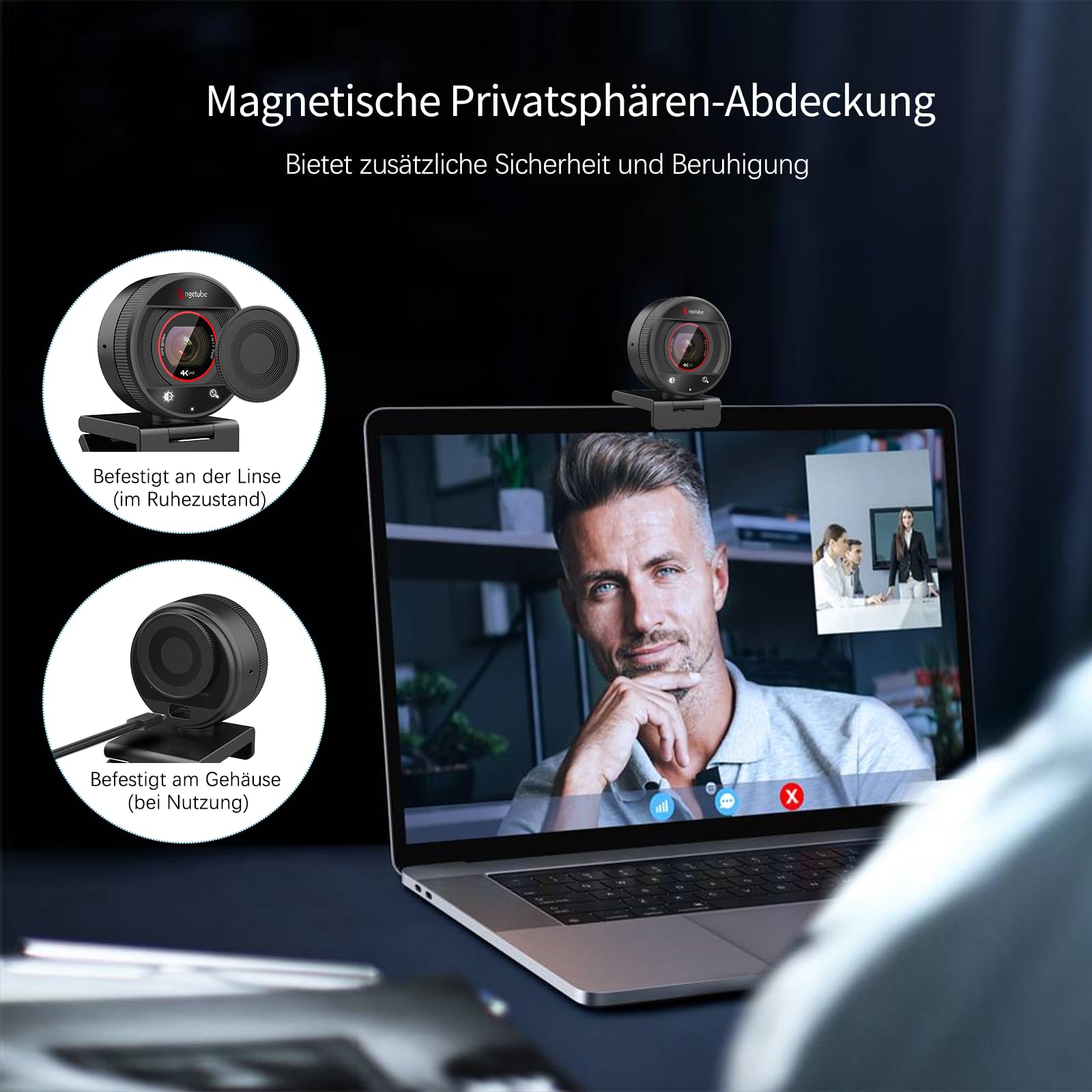 Angetube 4K Webcam für PC, 1080P@60FPS Streaming-Kamera mit PDAF Autofokus, AI Rauschunterdrückung, 8X Zoom, USB Webkamera mit Privatsphäre-Schutz für Laptop/Mac/PC, kompatibel mit Zoom, Teams, OBS