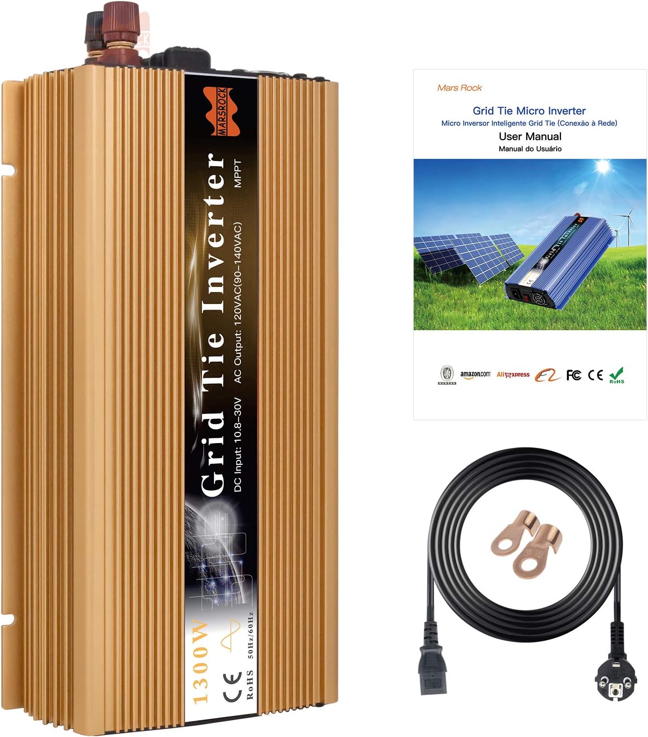 MARS ROCK 1300W On Grid Micro Solar Inverter Converter, 20-50VDC to 190-260VAC MPPT Pure Sine Wave Inverter for 30V, 36V Solar Module System (Gold)