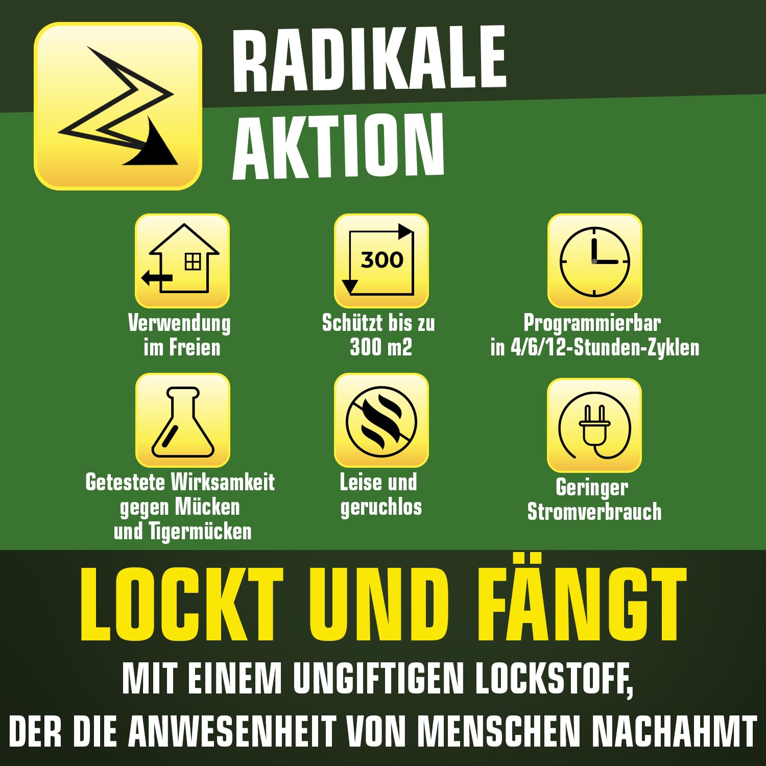 K.PRO Elektrische Mückenfalle + 1 Lockstoff-Spritze | Mücken und Tigermücken, lockt und fängt ein, Hexatrap, 3 Monate Ruhe, Verwendung im Freien, leise und geruchlos