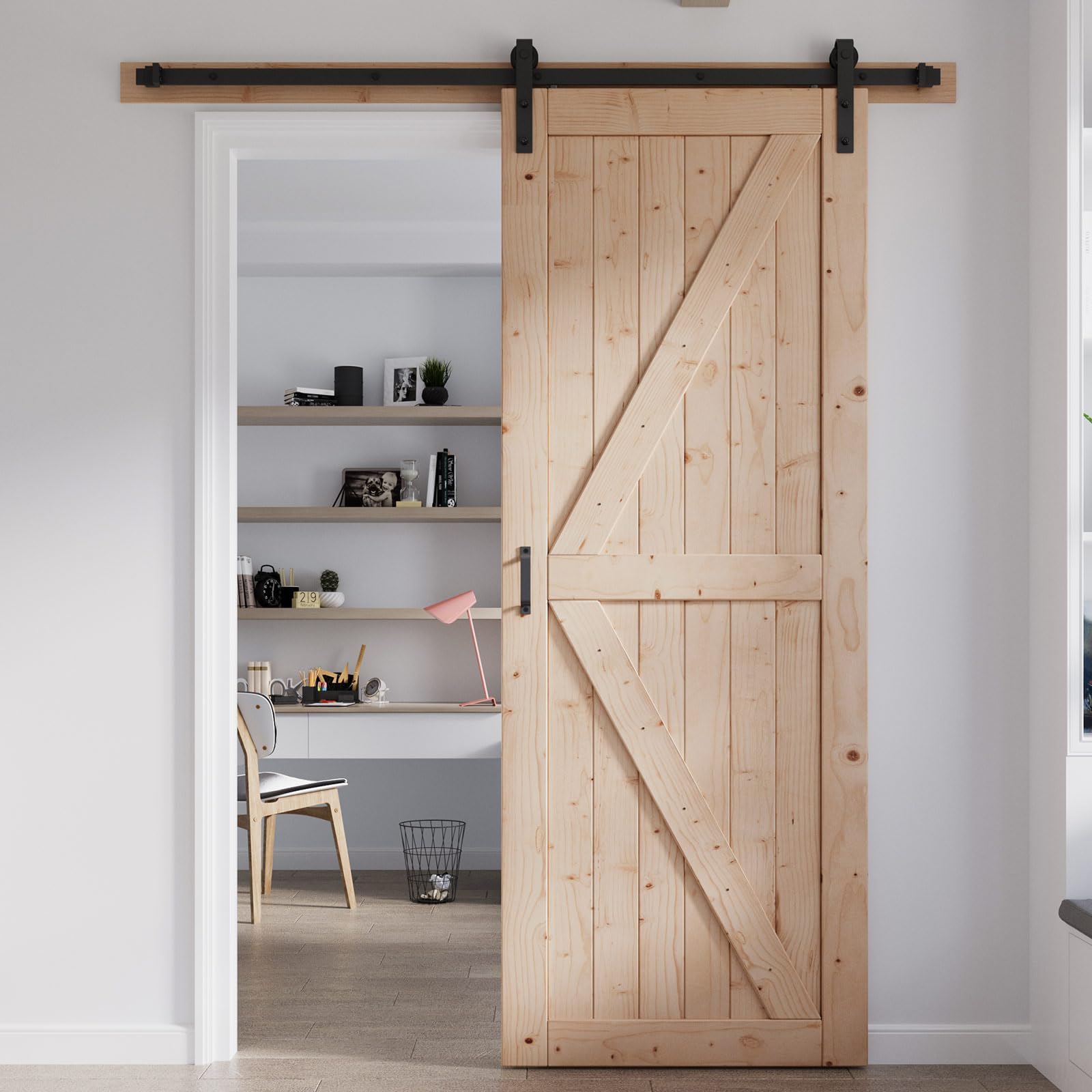 FREDBECK 36in x 96in Wood Sliding Barn Door with 6.6FT Barn Door Hardware Kit Included K Shape Solid Spruce Panel Sliding Door Double Surfaces Need to Assembly