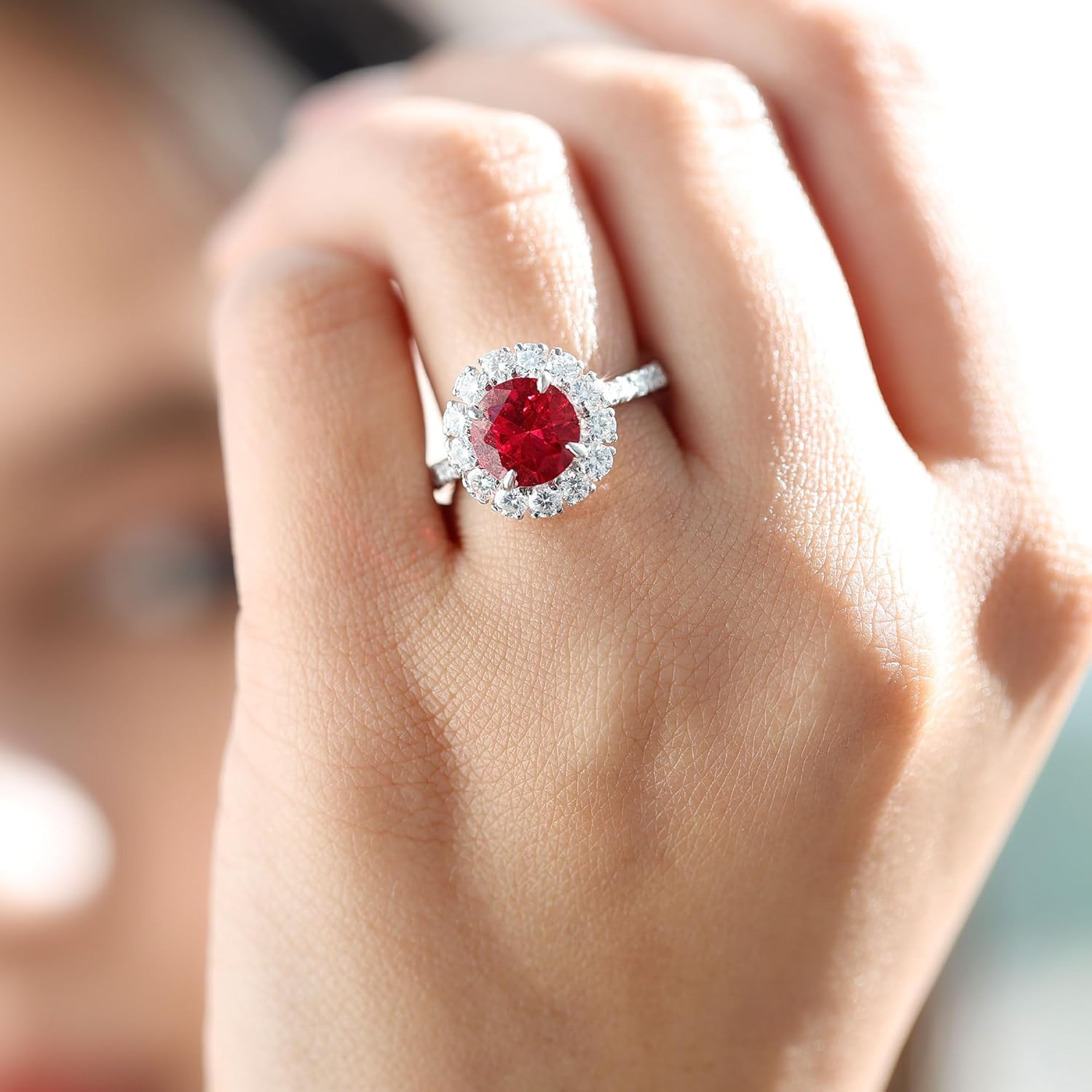 Certified Lab Grown Ruby 8mm Round Engagement Ring, AAAA Quality, Ruby Moissanite Halo Ring (Gift For Women)