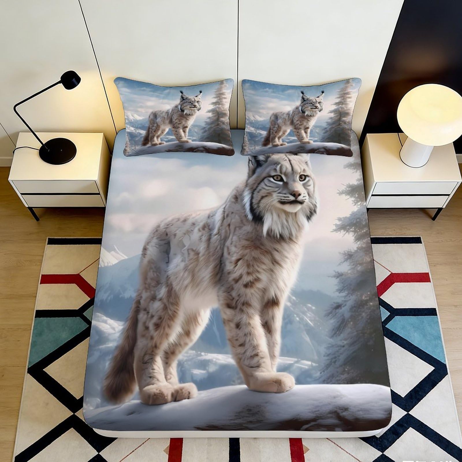 3D Printed Lynx Animal Fitted Sheet Microfiber Soft Breathable Snowy Mountain Bed Cover for Bedroom Dormitory Guest Room Mattress Protection 180x200x25cm