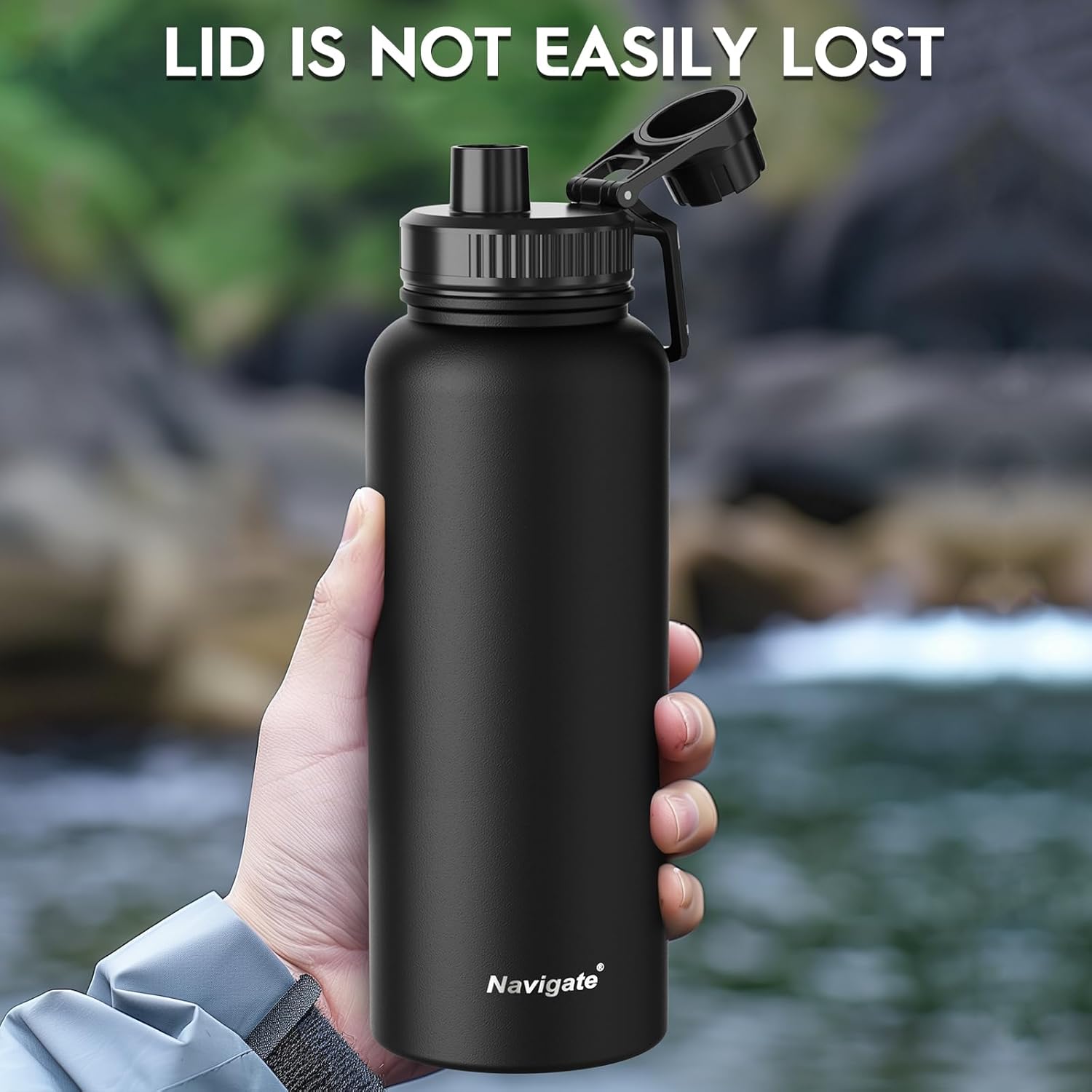 Navigate 40 oz Insulated Stainless Steel Sports Water Bottle with Spout & Handle Lids,Wide Mouth Water Jug with Double Walled Leak Proof Keep Cold for 24 Hrs Hot for 12 Hrs,Black