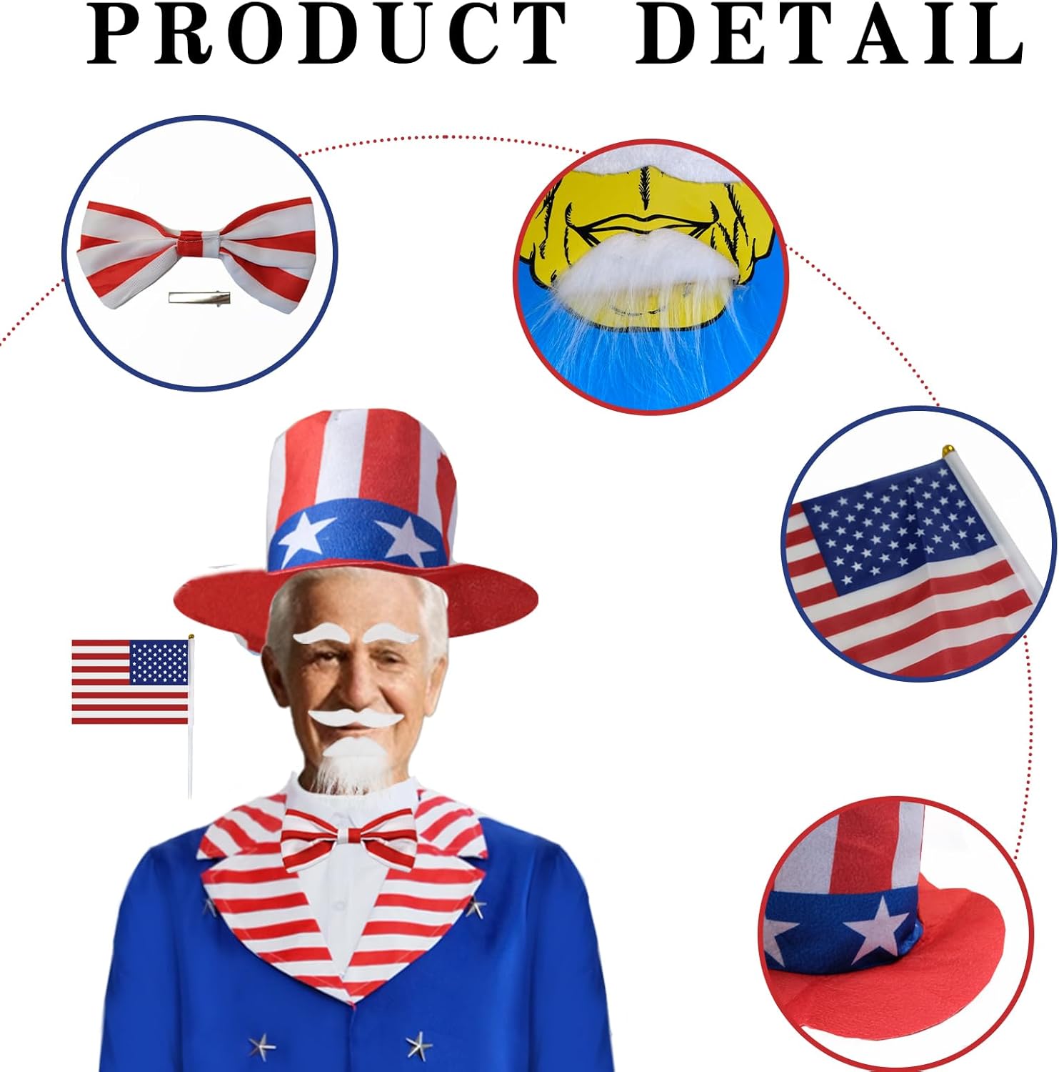 Mens Independence Day Uncle Costume Set 4th of July Outfit Patriotic Party Accessories with Hat Bow Tie Gloves