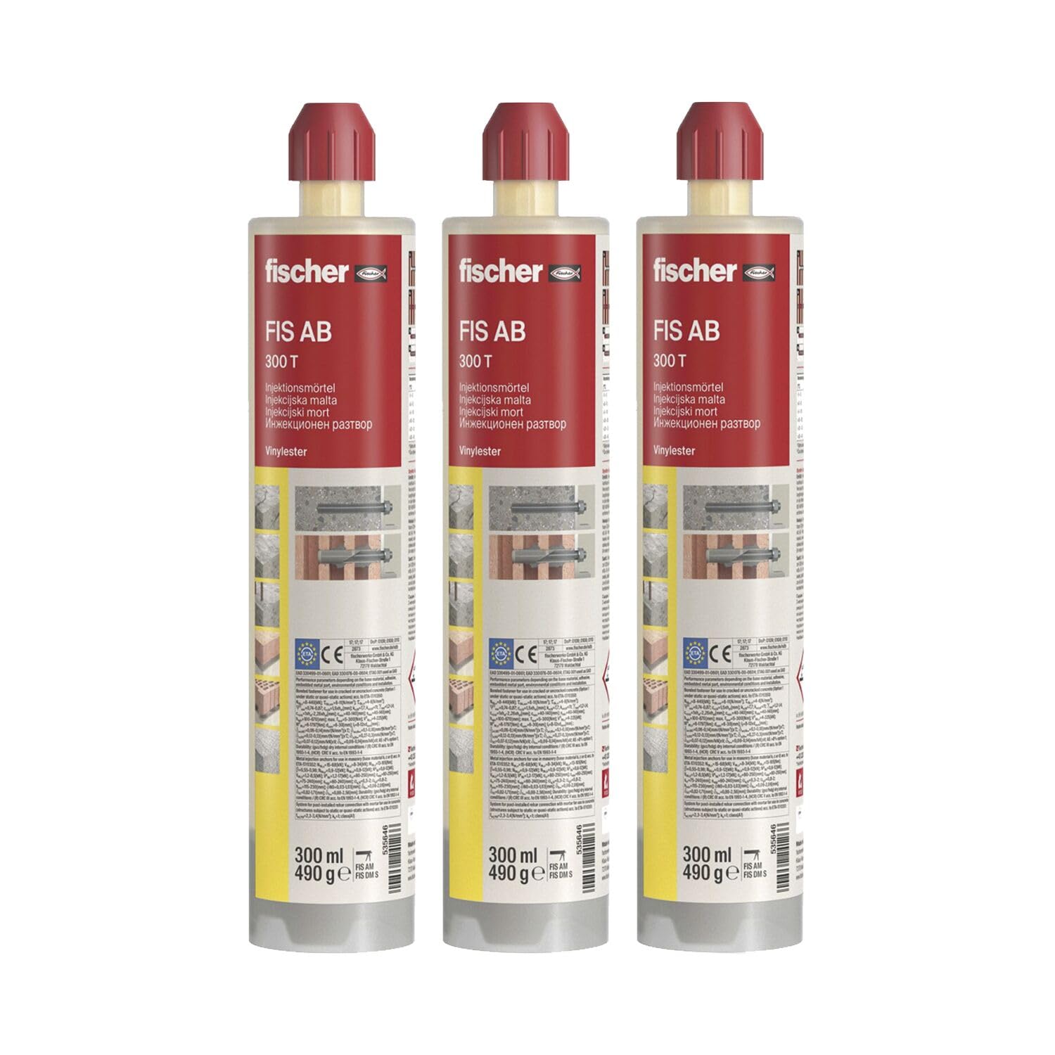Fischer Injektionsmörtel FIS AB 300 T 3er-Set - Montagemörtel mit ETA-Bewertung & R120, 3x 300ml inklusive 7x Statikmischer