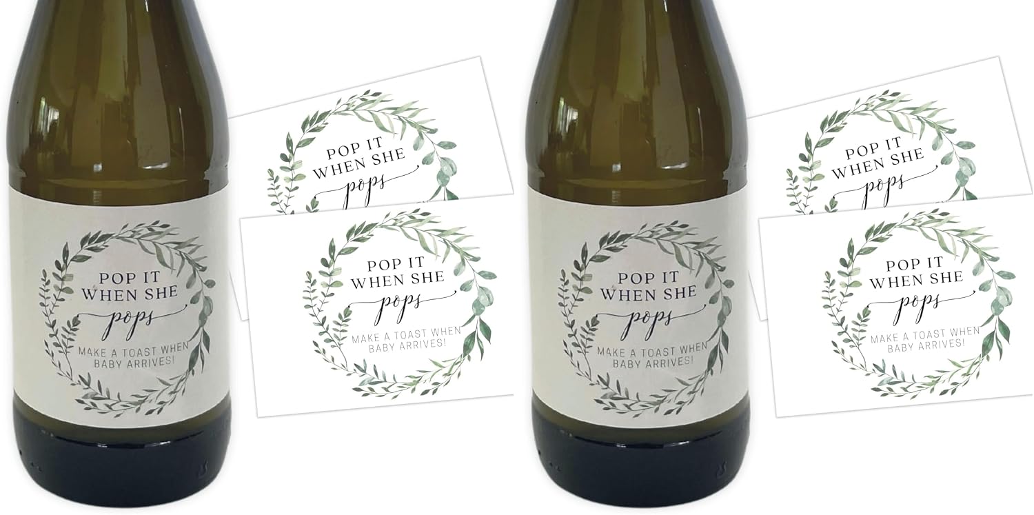 Pop It When She Pops Mini Bottle Stickers | 12 Count | 2”x 3” Size | Mini Bottle Labels | Baby Shower Party Favors | White with Greenery Wreath Design