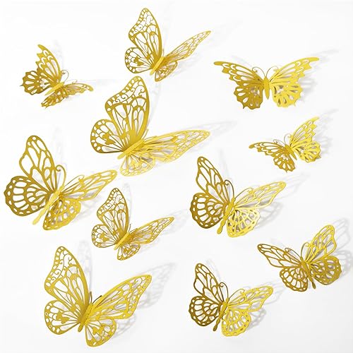 72 decoraciones de mariposa doradas, decoraciones de mariposa 3D con 3 estilos y 3 tamaños, calcomanías extraíbles para decoración de pared