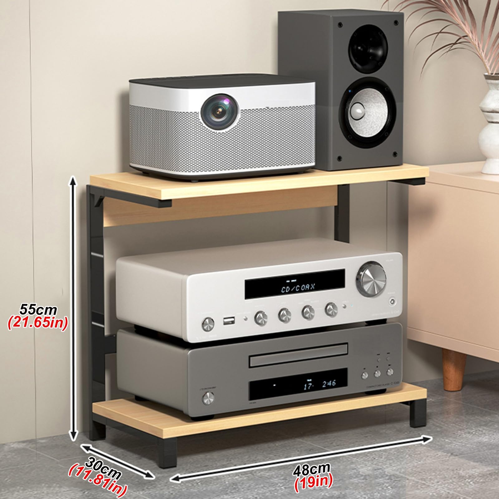 AV-Media-Ständer mit 2 Ebenen, Metallrahmen und MDF-Eckregal, Entertainment-Center, Audio-Rack, Turm für DVD-Player, Spielekonsolen, TV-Boxen, Projektoren – stilvolle Aufbewahrungslösung