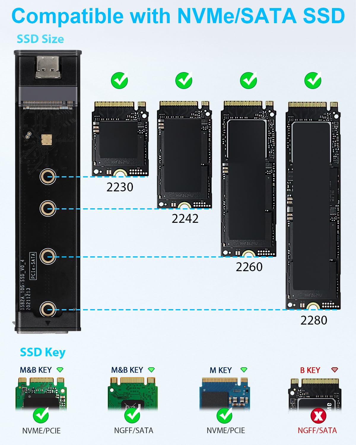 TWOPAN M.2 NVMe SATA SSD Enclosure Adapter, Tool-Free USB 3.2 Gen 2 (10Gbps) NVMe PCIe SATA External SSD Case, Supports M-Key/(B+M) Key & Size 2230/2242/2260/2280