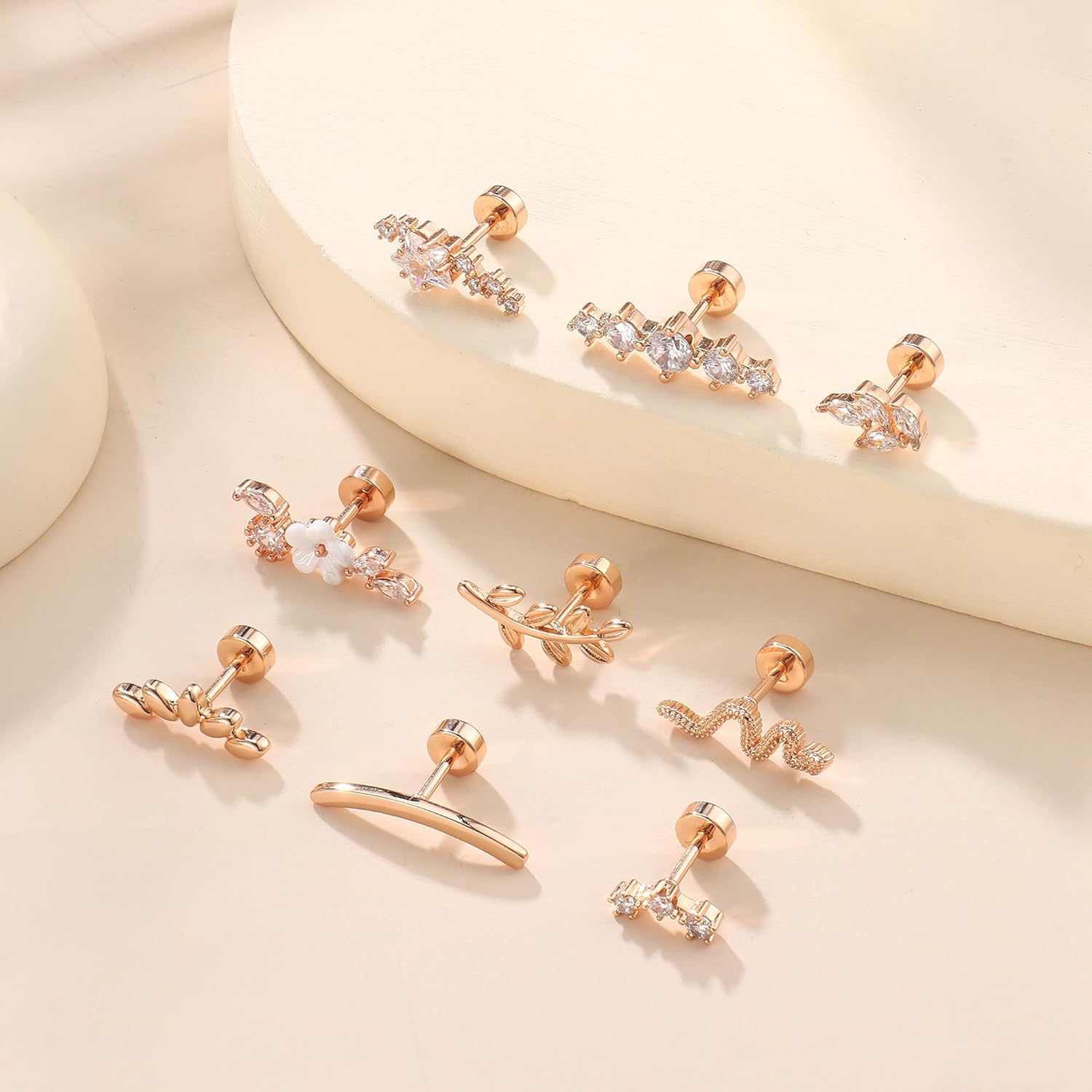 9Pcs Flat Back Cartilage Earrings for Women Trendy 16G Tragus Conch Helix Piercing Jewelry Stainless Steel Snake Star CZ Flat Back Stud Earrings Set - Image 6