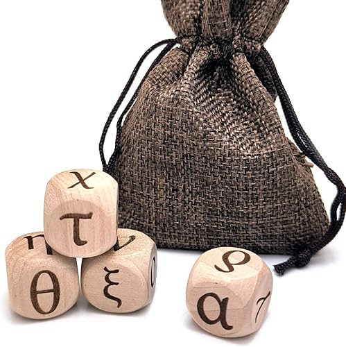 Juego de dados de madera del alfabeto griego, 24 letras griegas talladas, cubos rodantes para juegos de fiesta de enseñanza (minúscula, 4