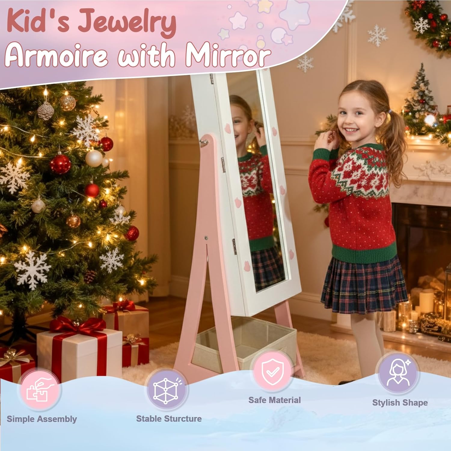 Karl home Kids Jewelry Armoire Cabinet with Removable Drawers, 45.5" Standing Jewelry Organizer with Full-Length Mirror, CuteRabbit-Shaped Kids Dress Up Jewelry Cabinet for Little Girls, White