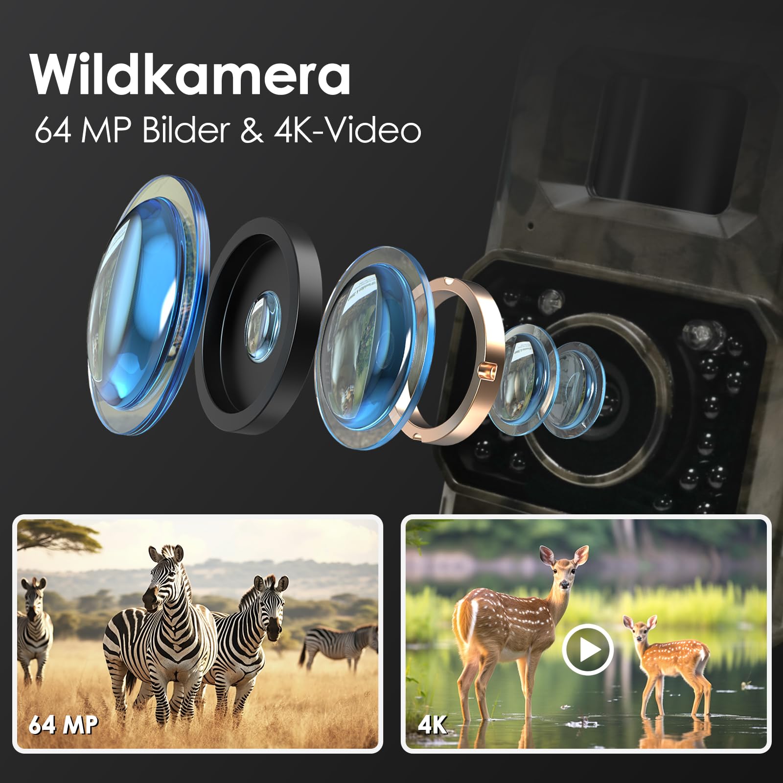 MAXDONE Wildkamera 4K 64MP WLAN Bluetooth Nachtsicht 2000mAh Akku IP66 Wasserdicht