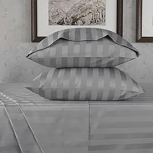 URBANHUT 800 Thread Count Egyptian Cotton Twin Size Damask Striped Sheets Set (4 Pc) - Ultra Soft & Smooth, Thick & Crisp Sateen Weave Twin Bedsheets, Fits Upto 16" Mattress - Dark Grey