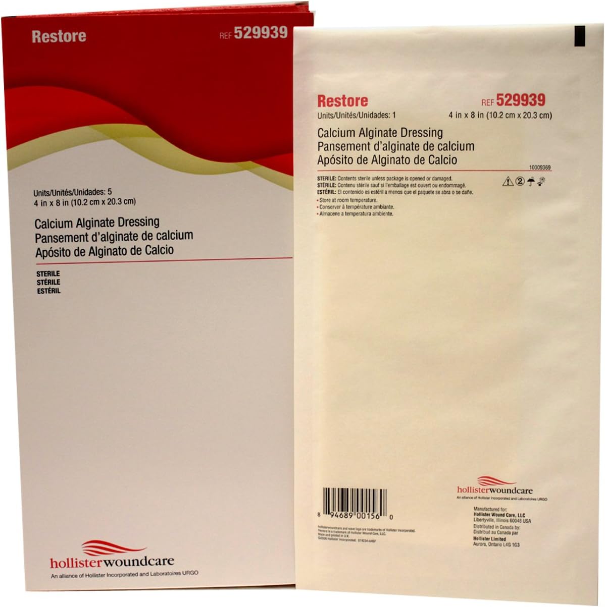 Hollister Restore Calcium Alginate Dressing - 4" x 8" Box of 5 - HOL529939_BX